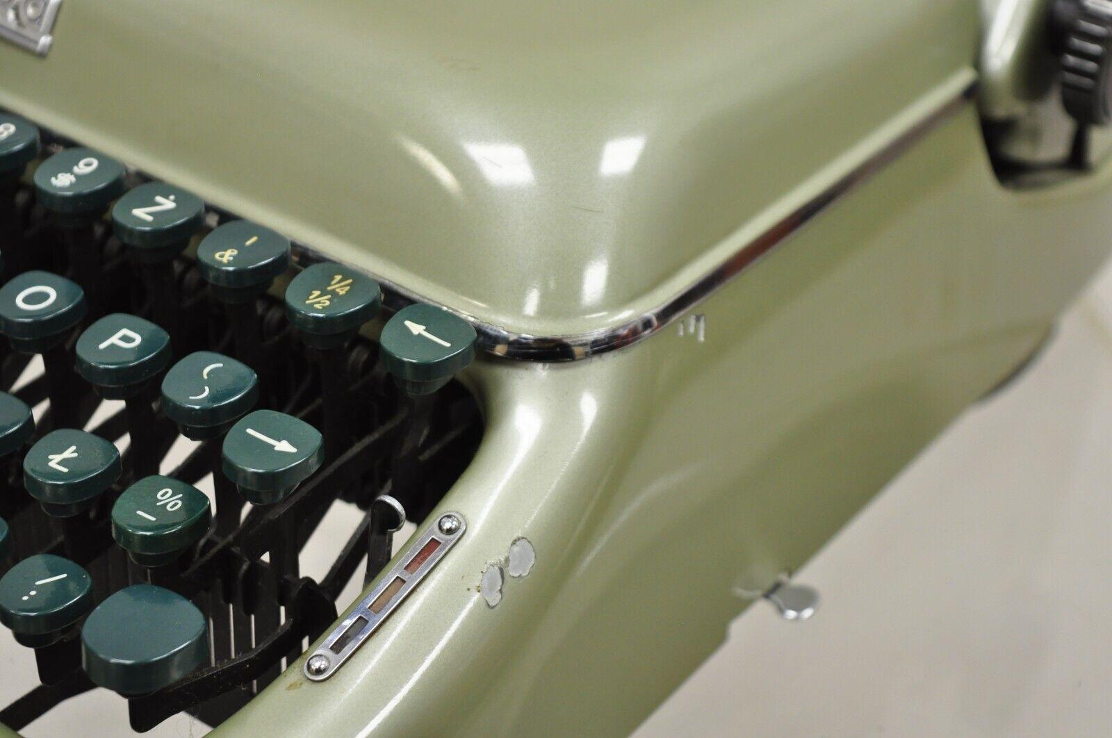 Mid-Century Modern Vintage Erika Model 10 Germany Pearl Green Manual Portable Typewriter in Case For Sale