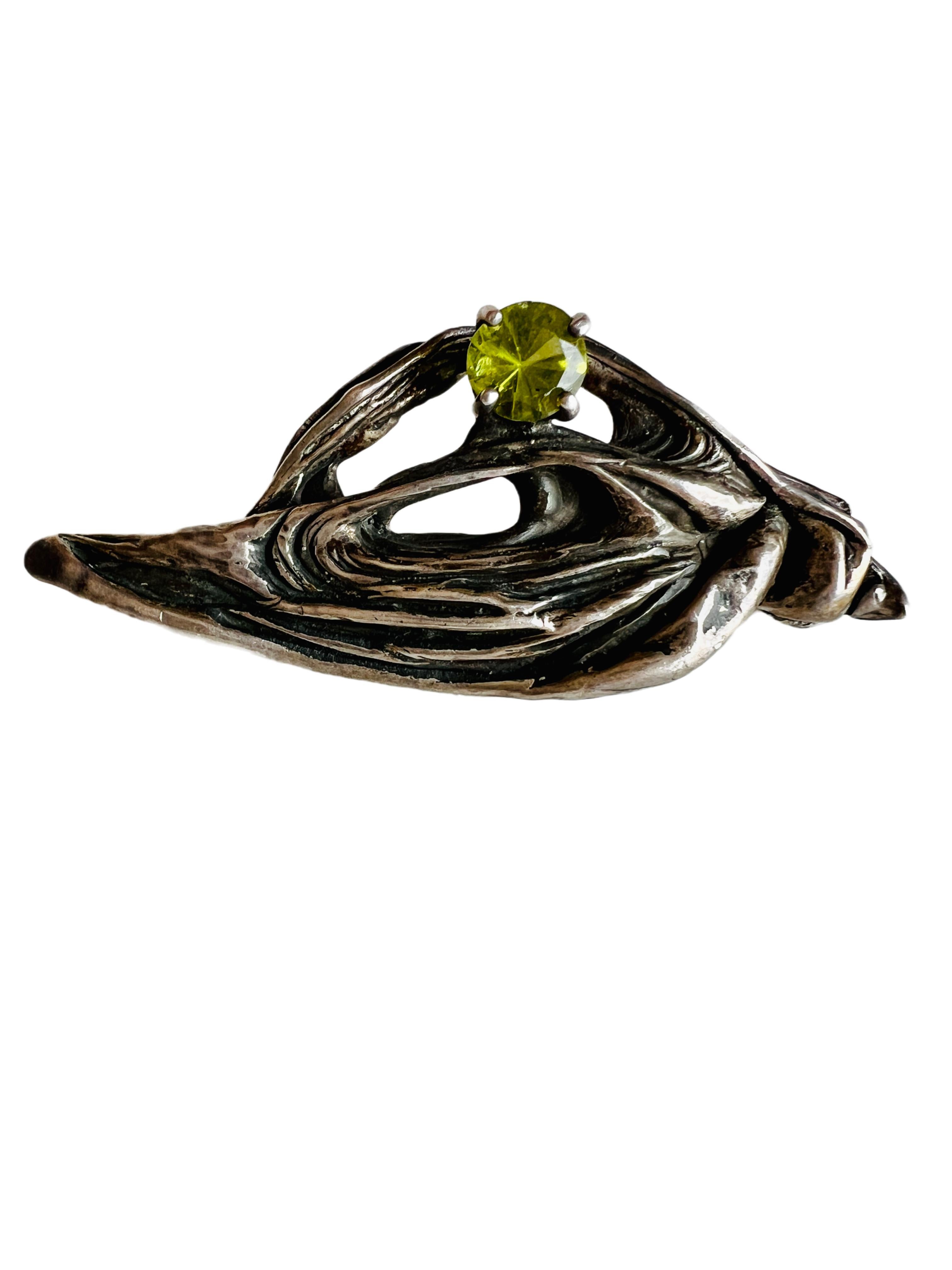 Contemporary Vintage Erlin Sterling Silver Green Peridot Gemstone Modernist Brooch Pin For Sale