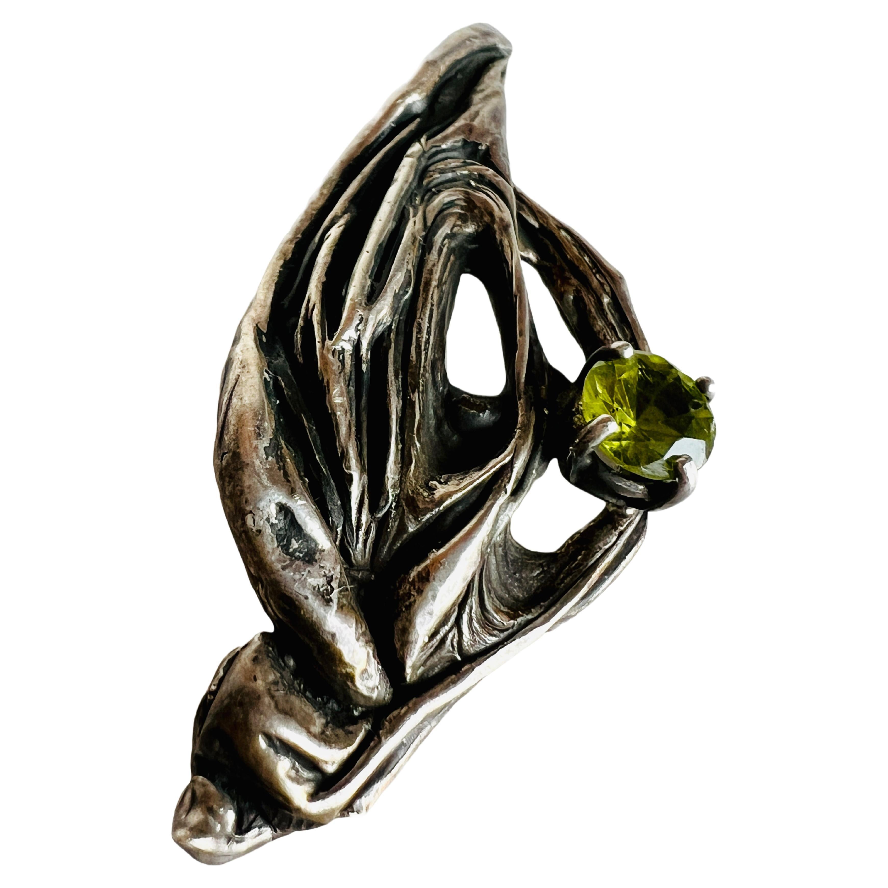 Vintage Erlin Sterling Silver Green Peridot Gemstone Modernist Brooch Pin For Sale