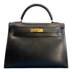 Hermès 1990s Kelly 32 Black Box Leather Unisex Top Handle Handbag