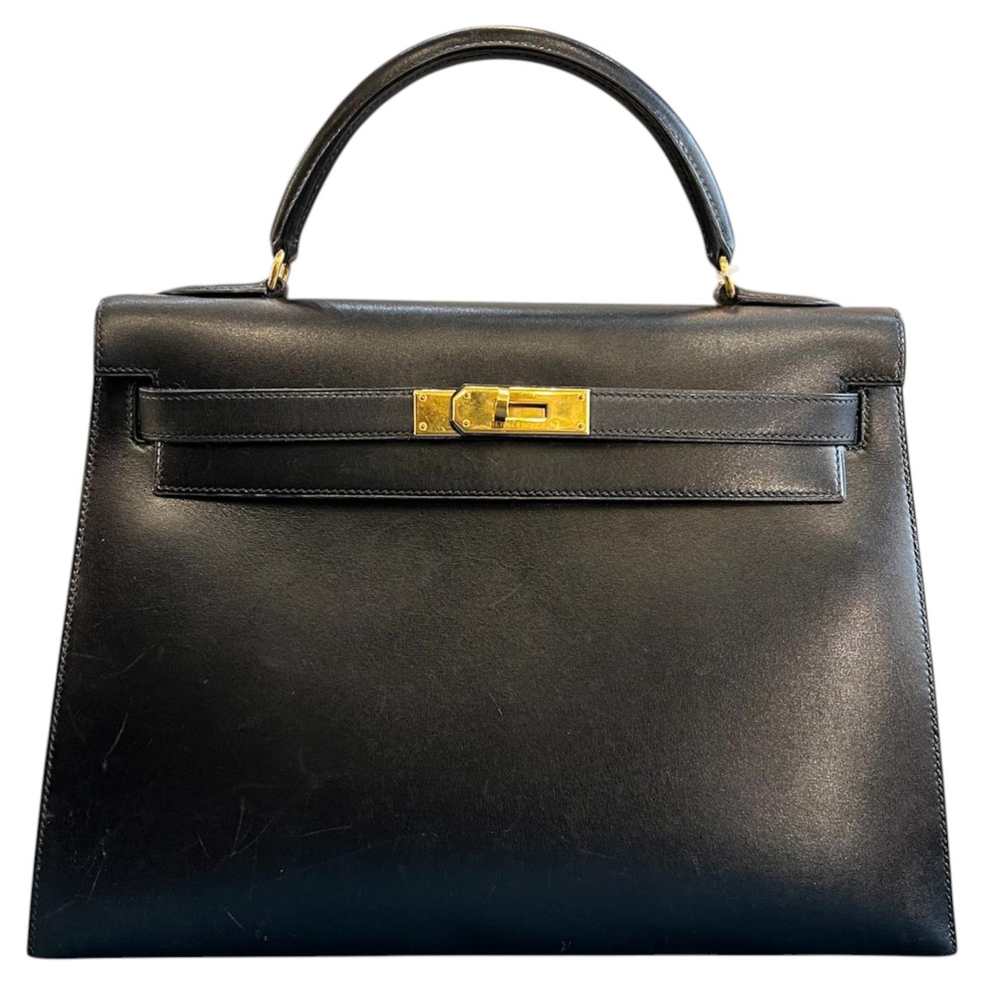 Hermès 1990s Kelly 32 Black Box Leather Unisex Top Handle Handbag