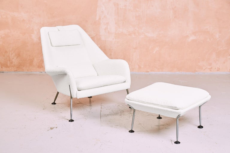 Vintage Ernest Race Heron Armchair and Footstool in White Bouclé, Britain, 1950s For Sale 8