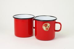 Vintage Ero Enamel Mugs, Red, Black and White, Romanian Design, 1980s Pair