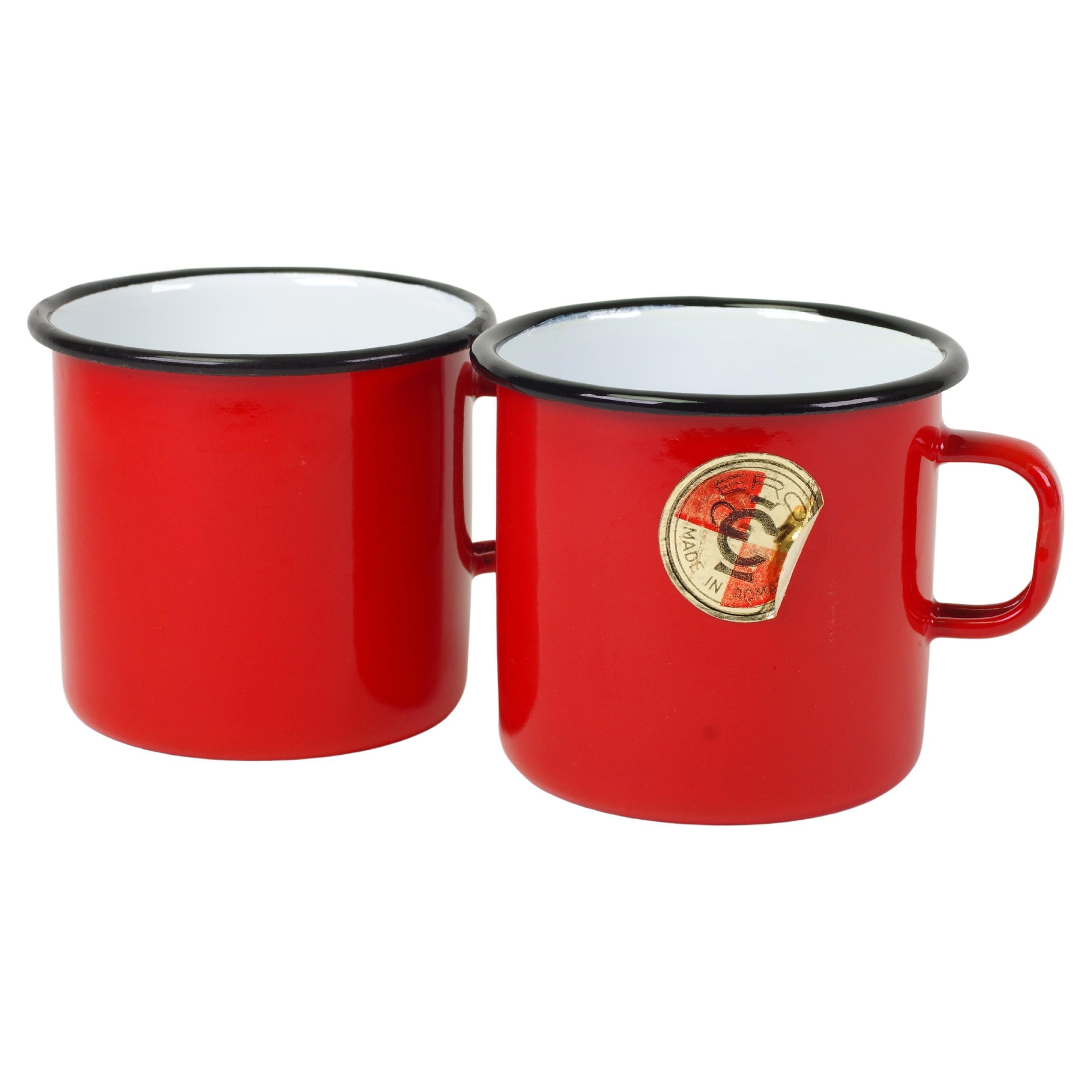 Vintage Ero Enamel Mugs, Red, Black and White, Romanian Design, 1980s Pair For Sale