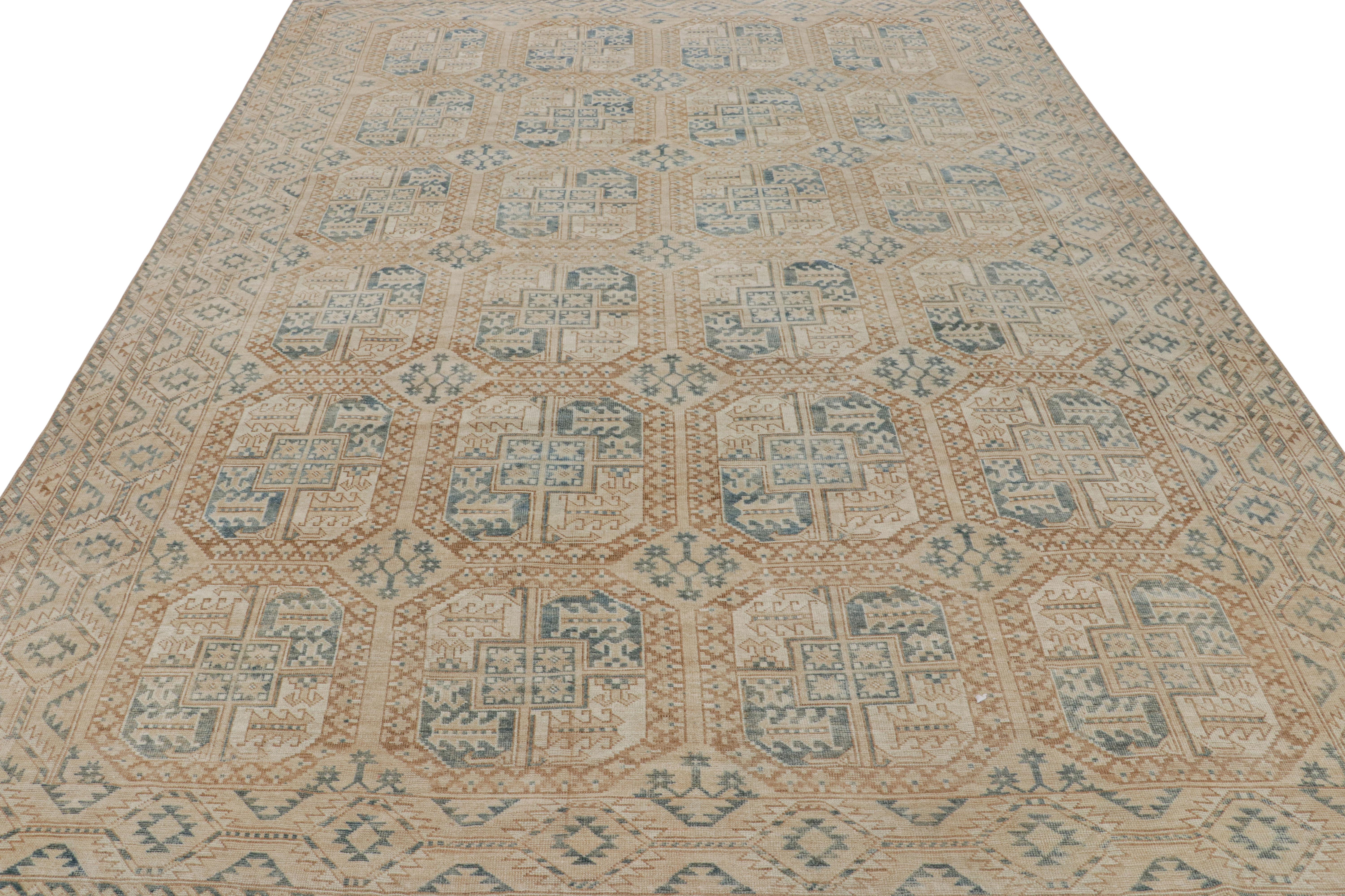 Hand-Knotted Vintage Ersari Rug with Beige-Brown, Blue Geometric Medallion from Rug & Kilim For Sale