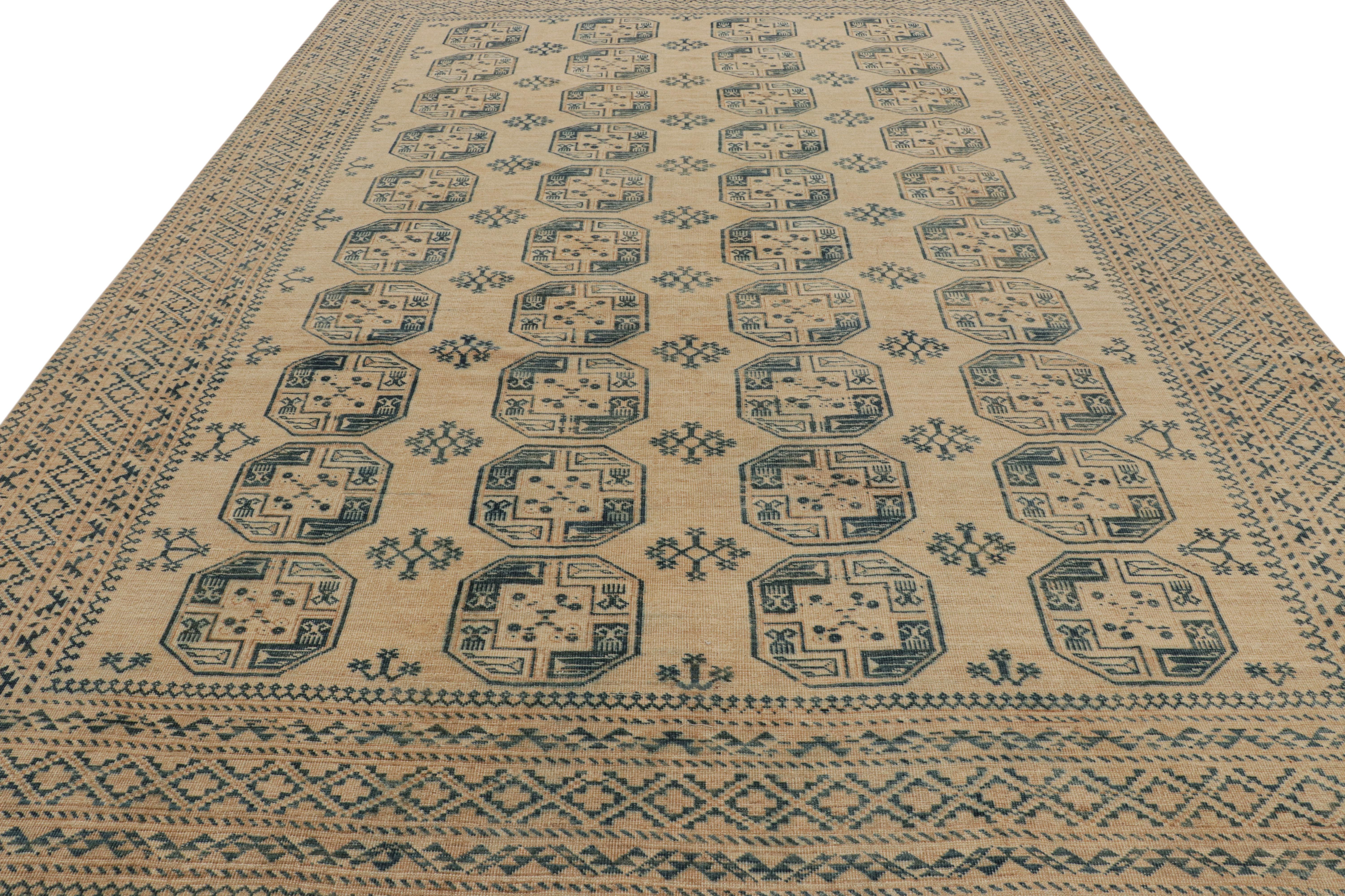 Hand-Woven Vintage Ersari Rug with Beige-Brown, Blue Geometric Medallion from Rug & Kilim For Sale