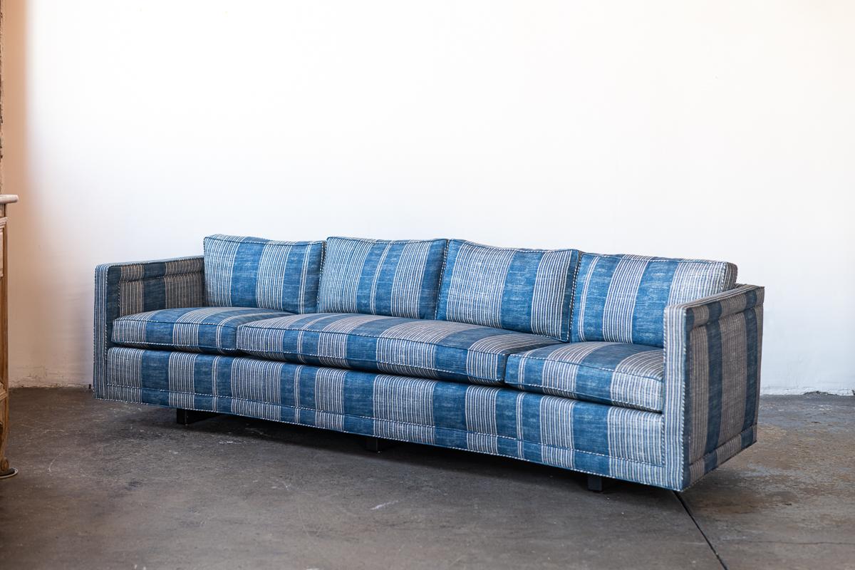 Vintage Erwin Lambeth sofa recovered in blue Robert Kime fabric.
