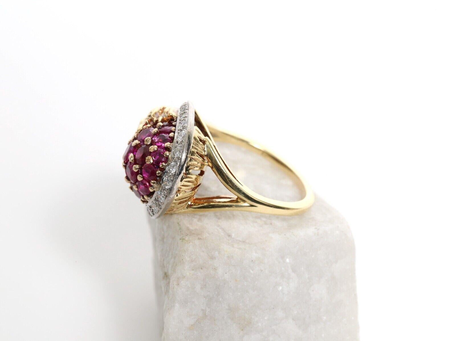 Round Cut Vintage Erwin Pearl 18k Yellow Gold Diamond & Ruby Ring, Size 8.25 - 10.1g For Sale