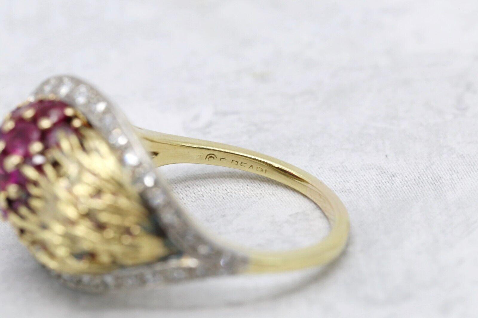 Vintage Erwin Pearl 18k Yellow Gold Diamond & Ruby Ring, Size 8.25 - 10.1g For Sale 4
