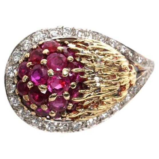 Vintage Erwin Pearl 18k Yellow Gold Diamond & Ruby Ring, Size 8.25 - 10.1g For Sale