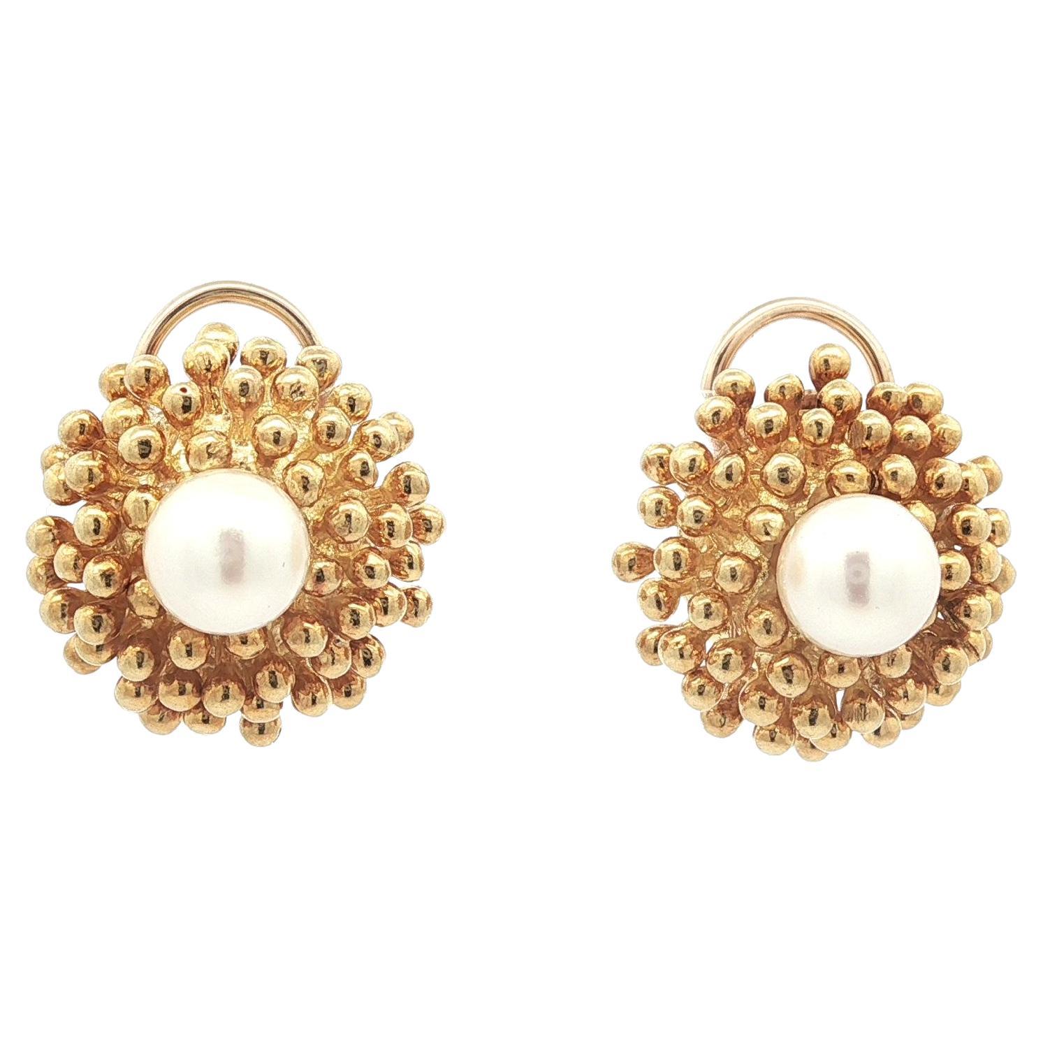 Boucle d'oreille clip en or jaune vintage 7.5mm perle éclatée fleur bouton