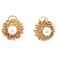 Vintage Erwin Gelbgold 7,5 mm Pearl Beaded Burst Blume Knopf Clip auf Ohrring