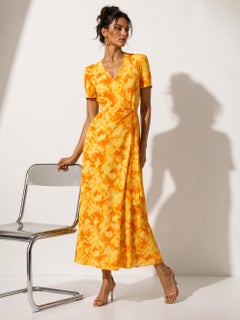 Vintage Escada 1990s Silk Wrap Dress Orange Floral Print Size 34