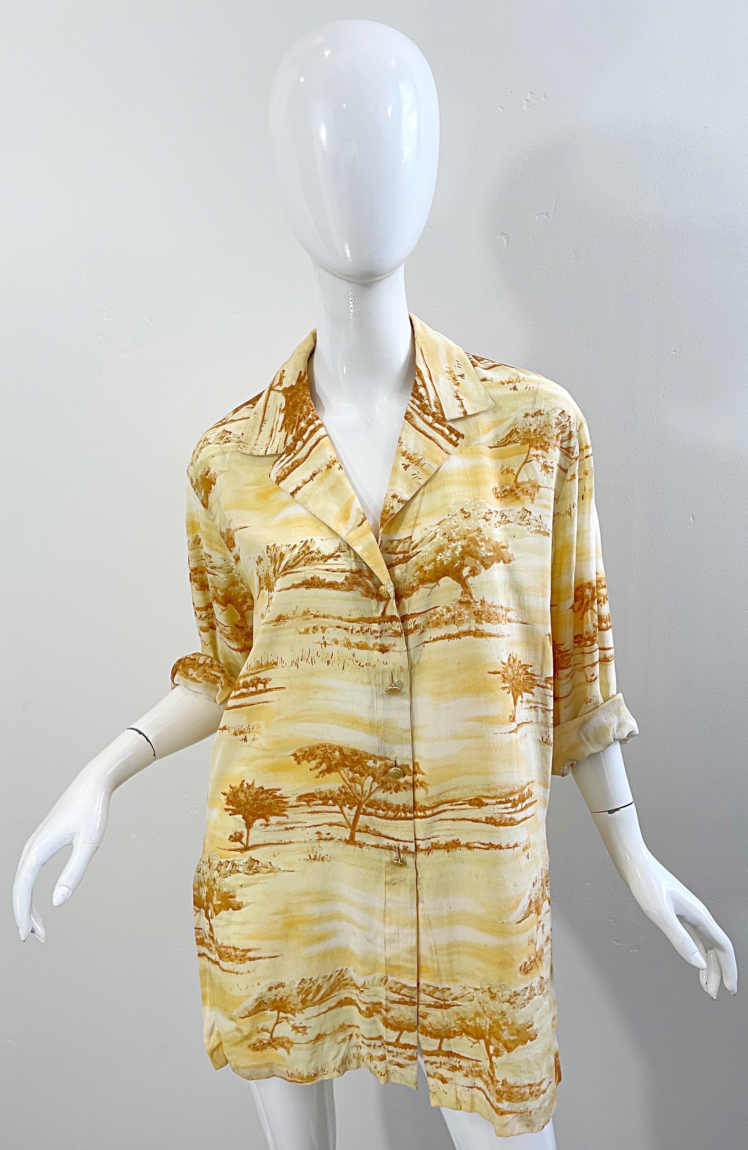 Vintage Escada 1990s Size 40 / 10 - 12 Safari Silk Yellow 90s Long Sleeve Blouse For Sale 5