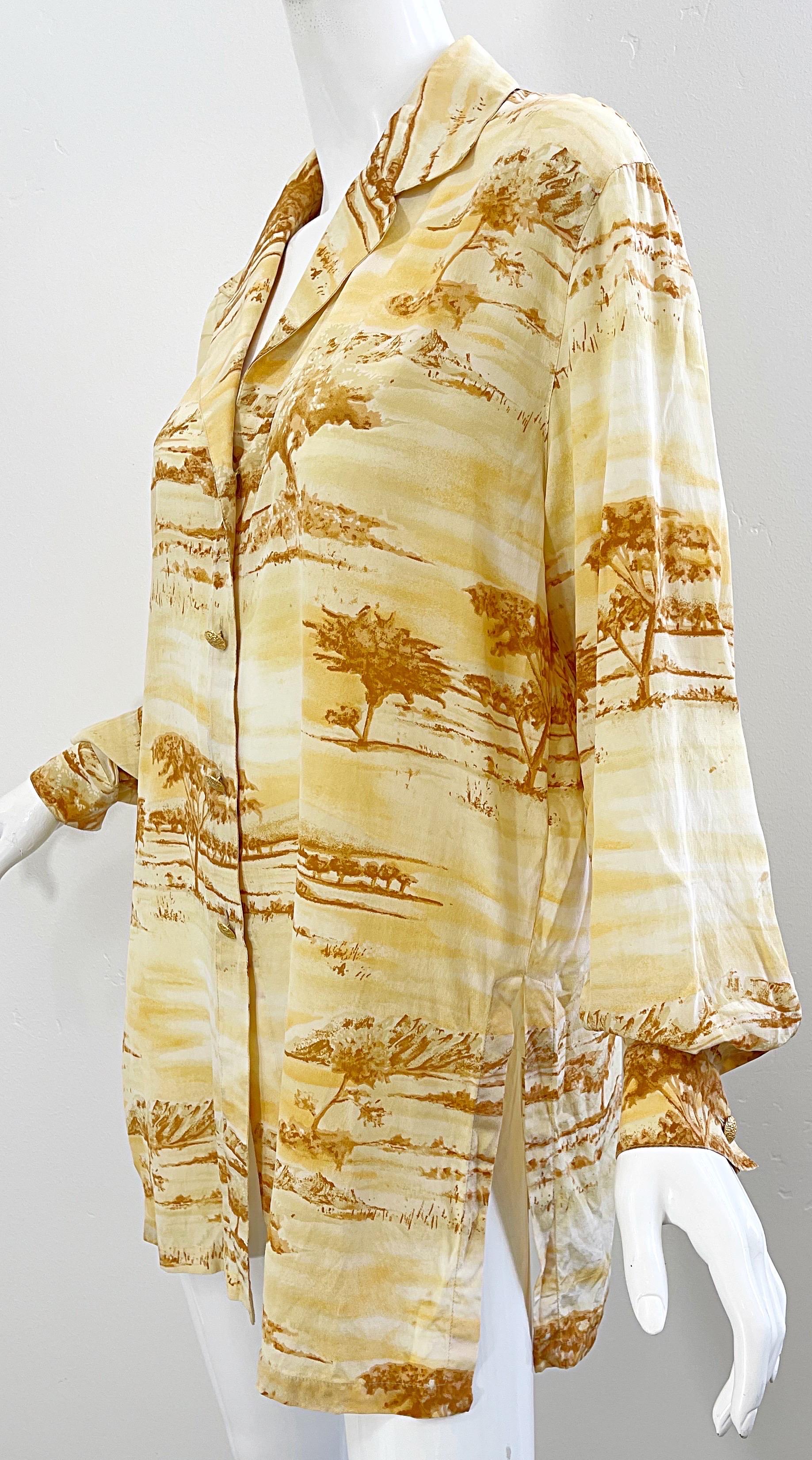 Vintage Escada 1990s Size 40 / 10 - 12 Safari Silk Yellow 90s Long Sleeve Blouse For Sale 9