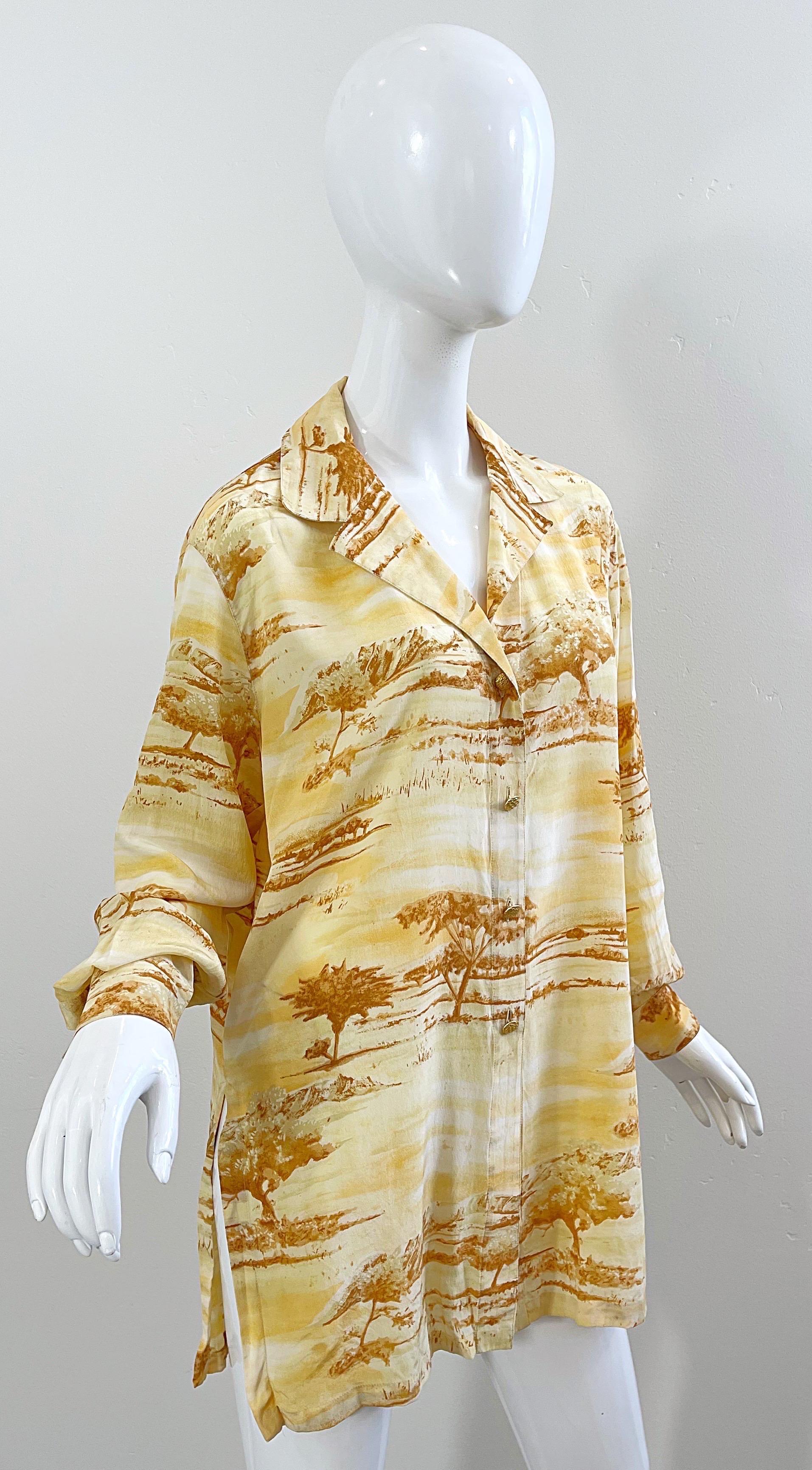 Vintage Escada 1990s Size 40 / 10 - 12 Safari Silk Yellow 90s Long Sleeve Blouse For Sale 10