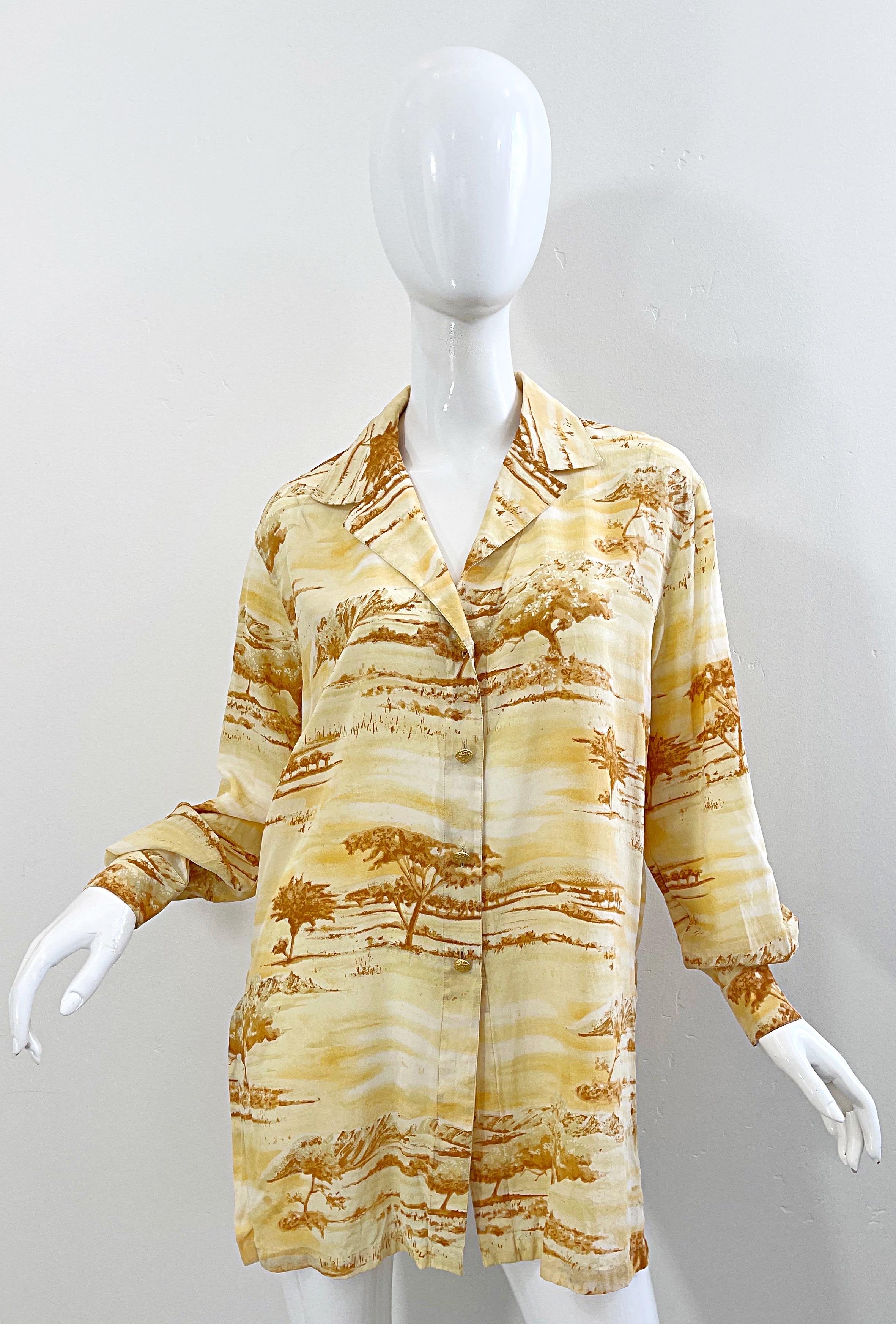 Vintage Escada 1990s Size 40 / 10 - 12 Safari Silk Yellow 90s Long Sleeve Blouse For Sale 11