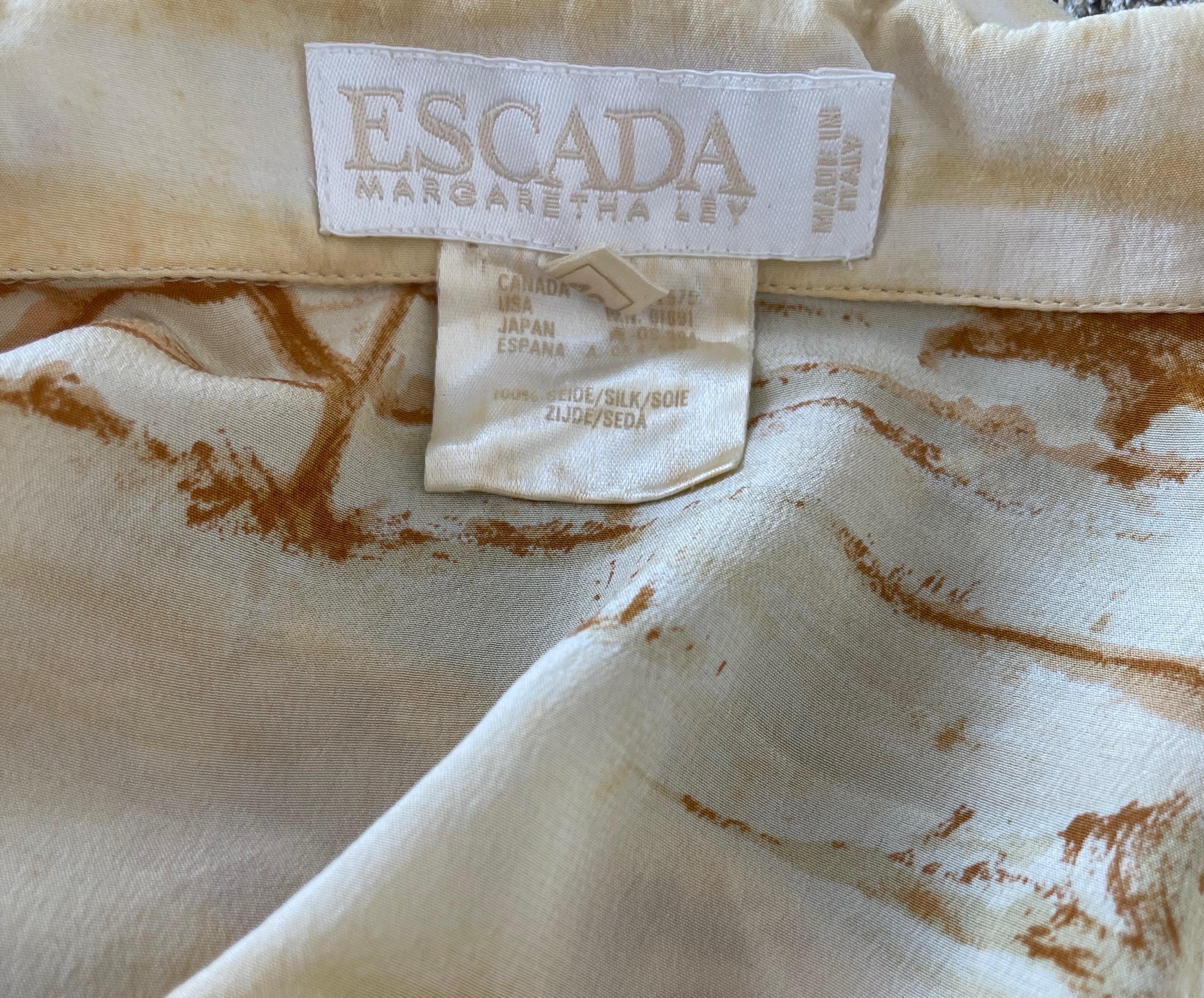 Beige Vintage Escada 1990s Size 40 / 10 - 12 Safari Silk Yellow 90s Long Sleeve Blouse For Sale