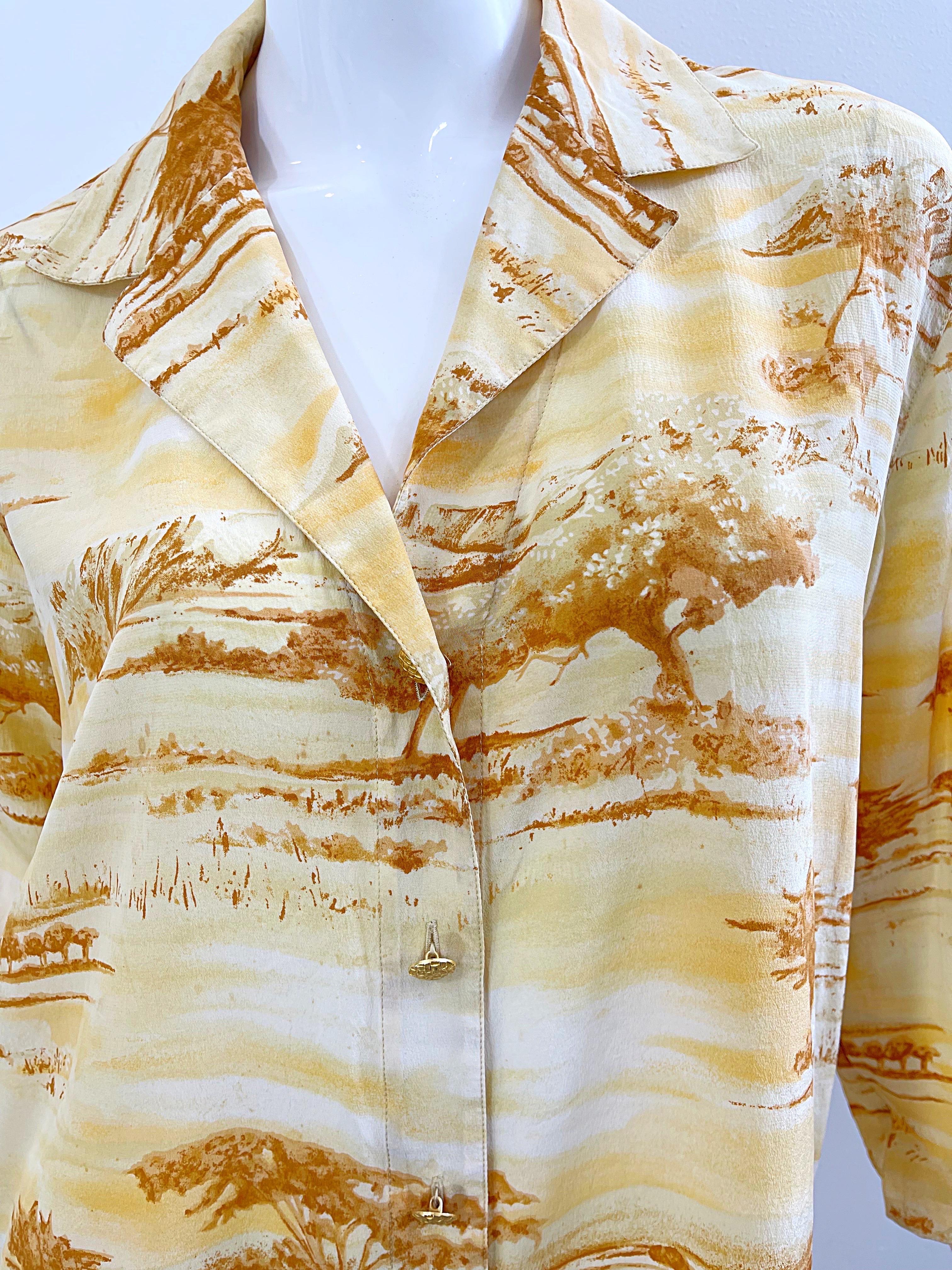 Escada - Chemisier vintage à manches longues en soie jaune safari, taille 40 / 10 - 12, années 1990 Excellent état - En vente à San Diego, CA