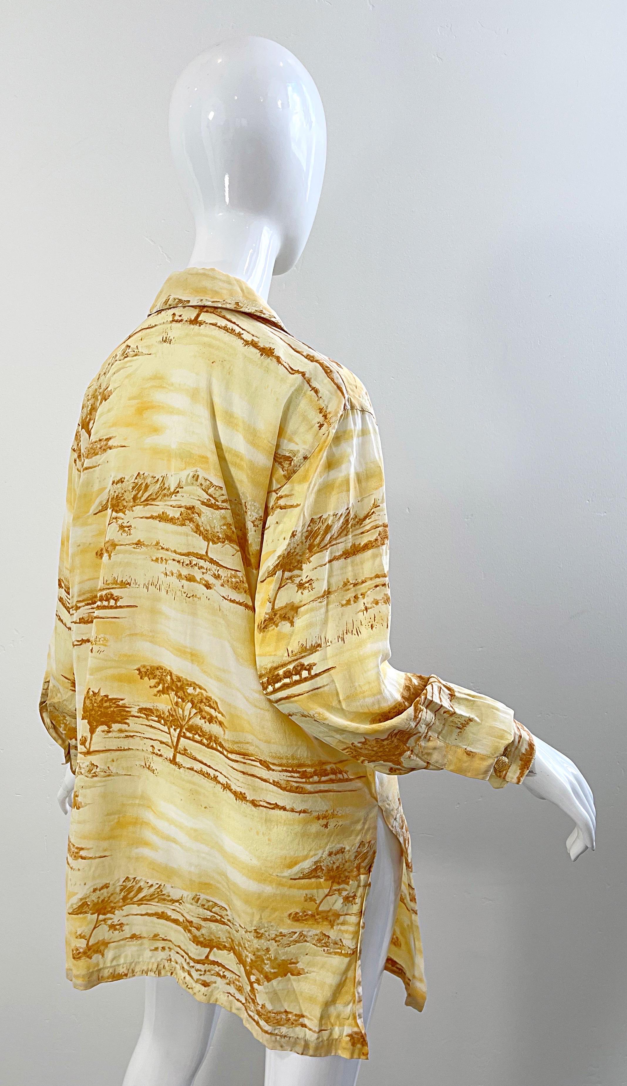 Women's Vintage Escada 1990s Size 40 / 10 - 12 Safari Silk Yellow 90s Long Sleeve Blouse For Sale