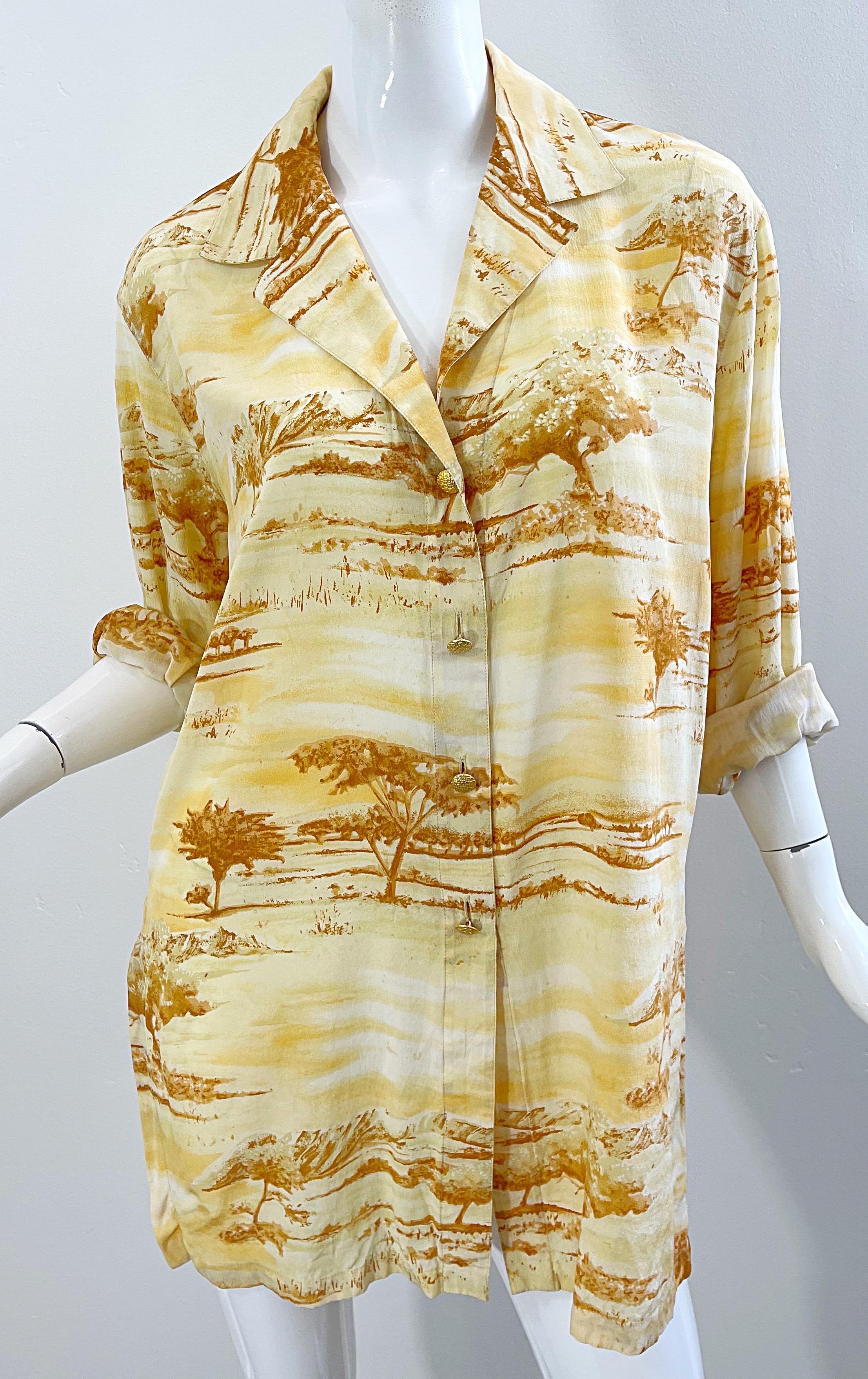 Vintage Escada 1990s Size 40 / 10 - 12 Safari Silk Yellow 90s Long Sleeve Blouse For Sale 1