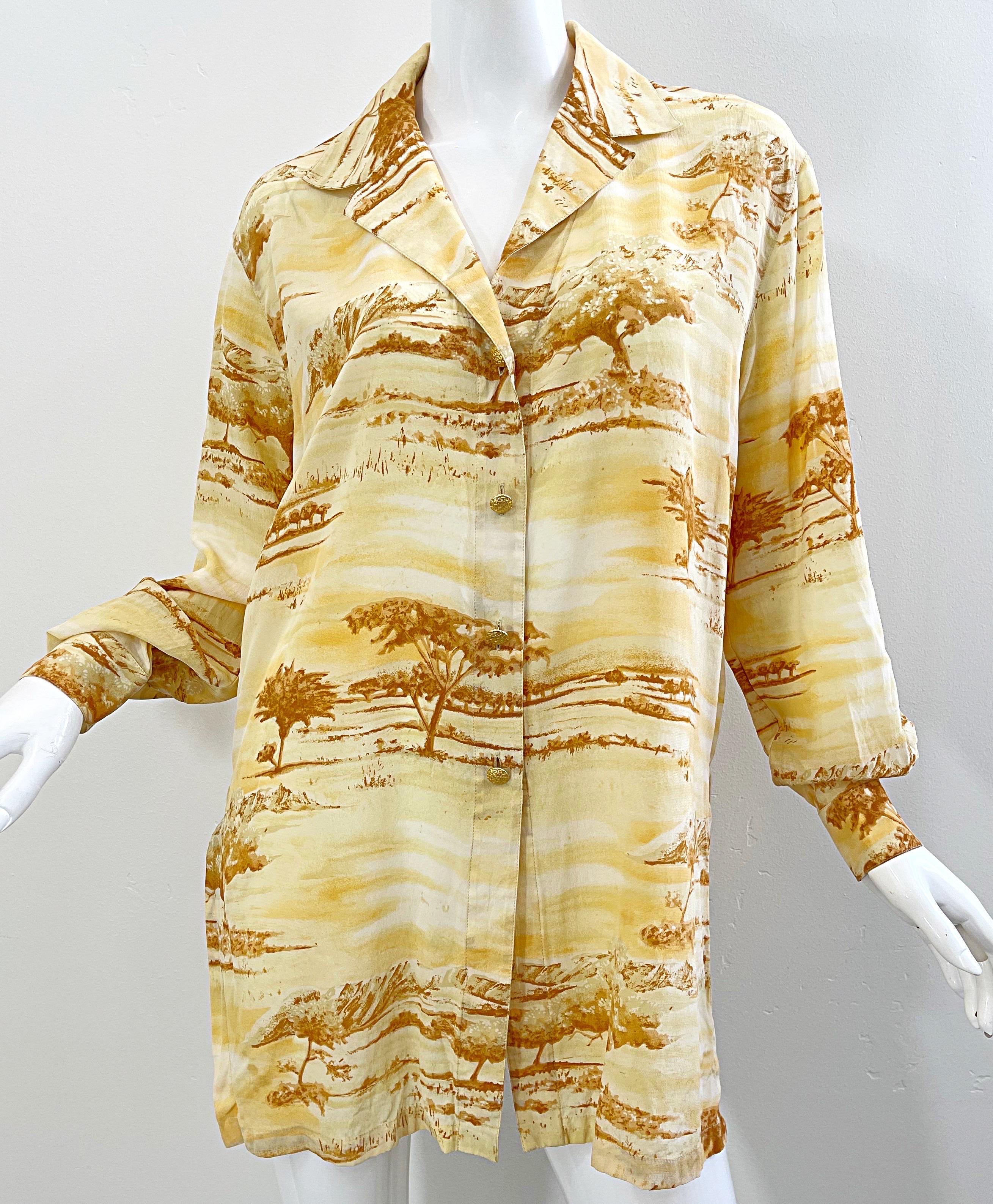 Vintage Escada 1990s Size 40 / 10 - 12 Safari Silk Yellow 90s Long Sleeve Blouse For Sale 2