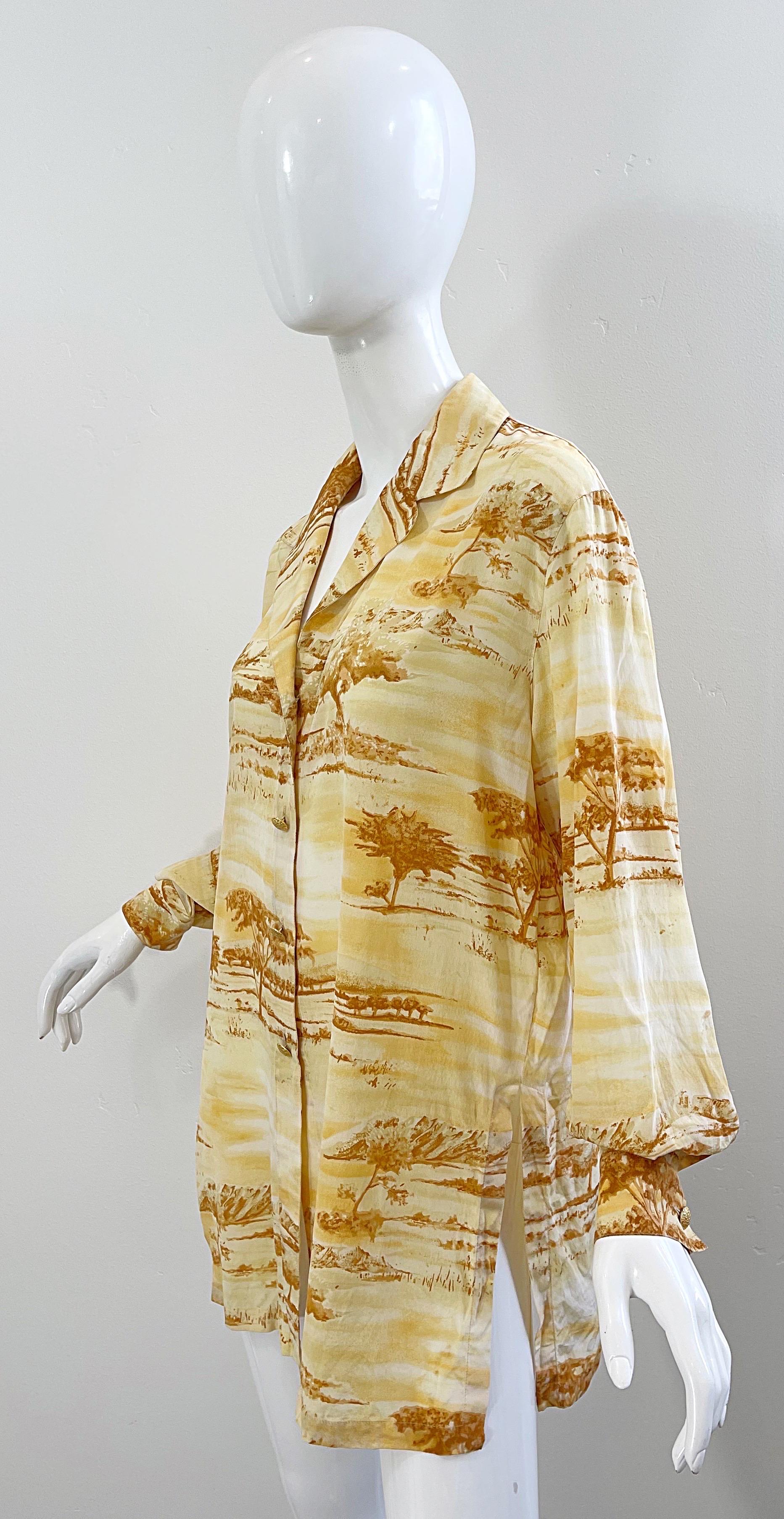 Vintage Escada 1990s Size 40 / 10 - 12 Safari Silk Yellow 90s Long Sleeve Blouse For Sale 4