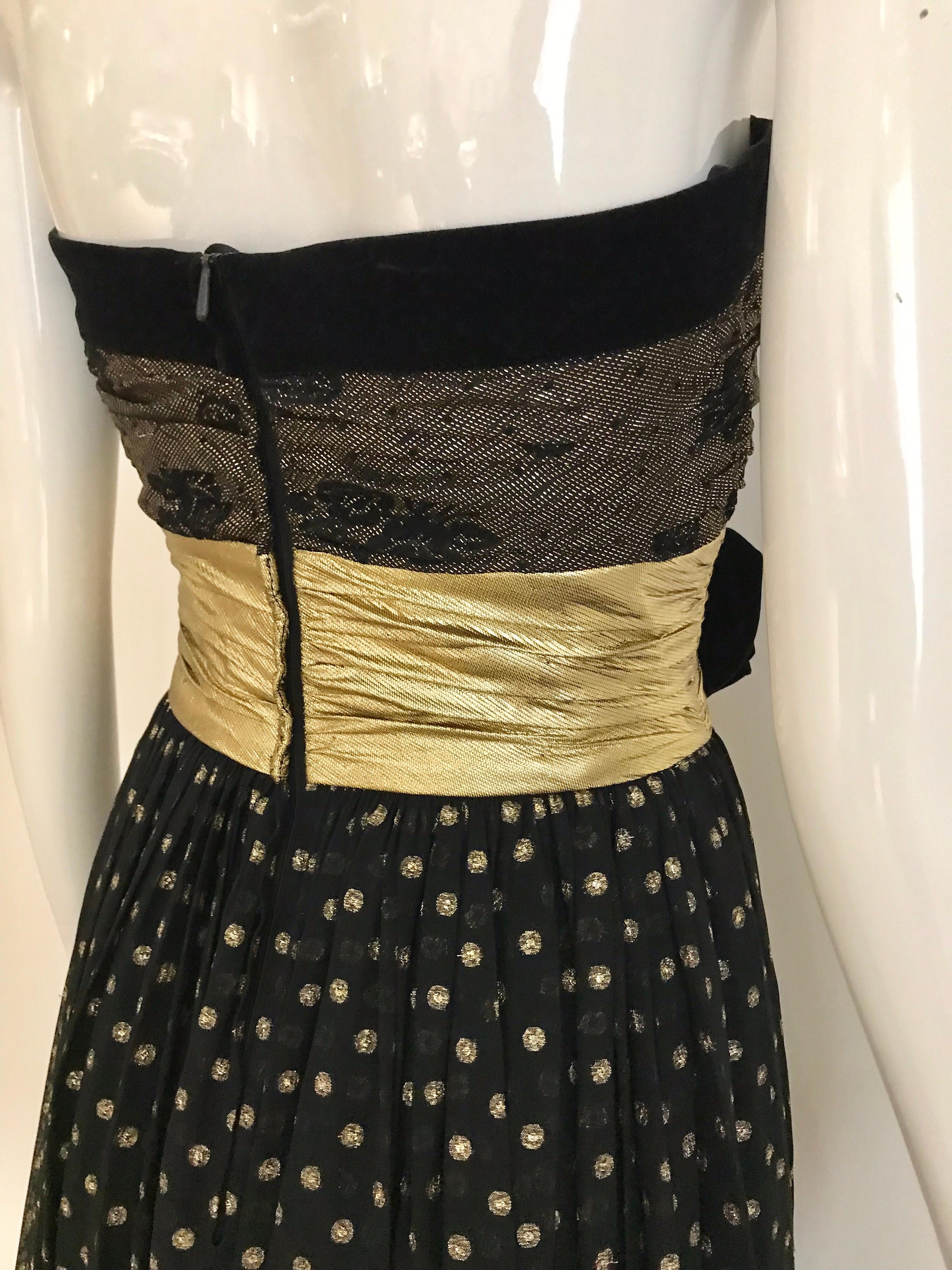 Women's Vintage Escada Black and Gold Strapless Polkadot Lamé Cocktail Dress