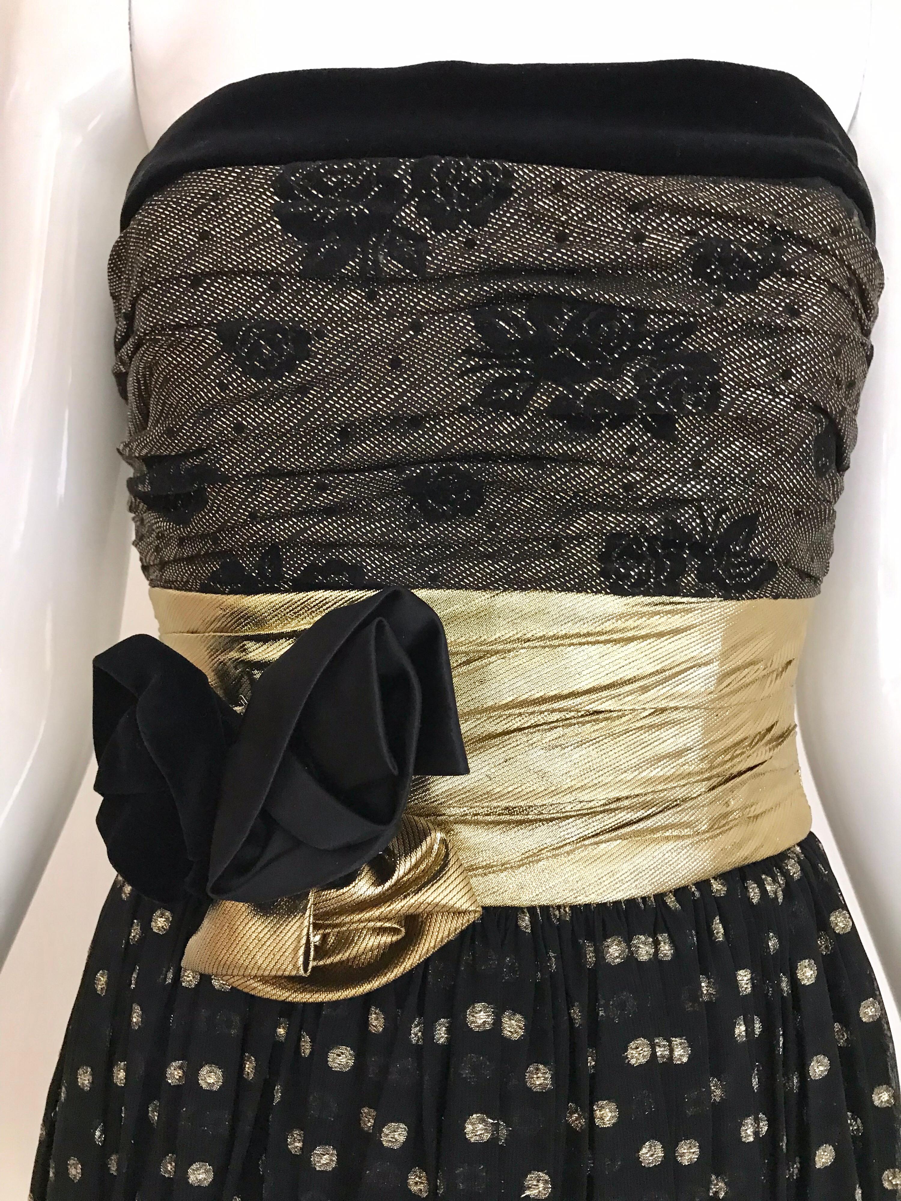 Vintage Escada Black and Gold Strapless Polkadot Lamé Cocktail Dress 2