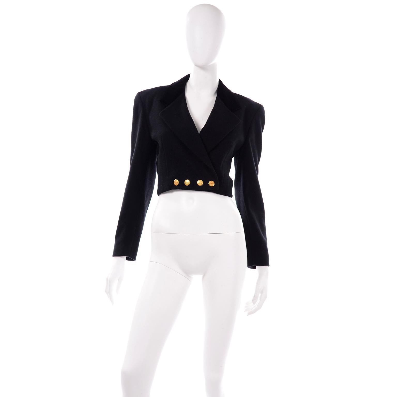 This is a great vintage Wool & Cashmere blend Escada cropped blazer designed by Margaretha Ley in the 1980's. Escada vintage jackets are some of the nicest we've ever come across and the materials they used were nothing but the best. This jacket has