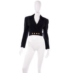 Vintage Escada Black Cashmere Blend Cropped Blazer Jacket With Gold Buttons