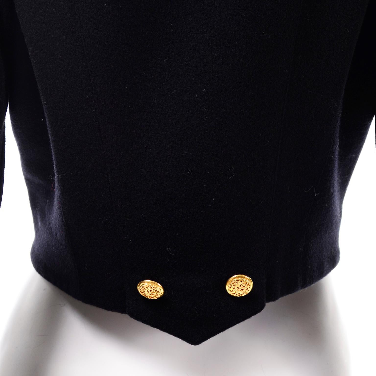Women's Vintage Escada Black Cashmere Blend Cropped Blazer Jacket With Gold Buttons