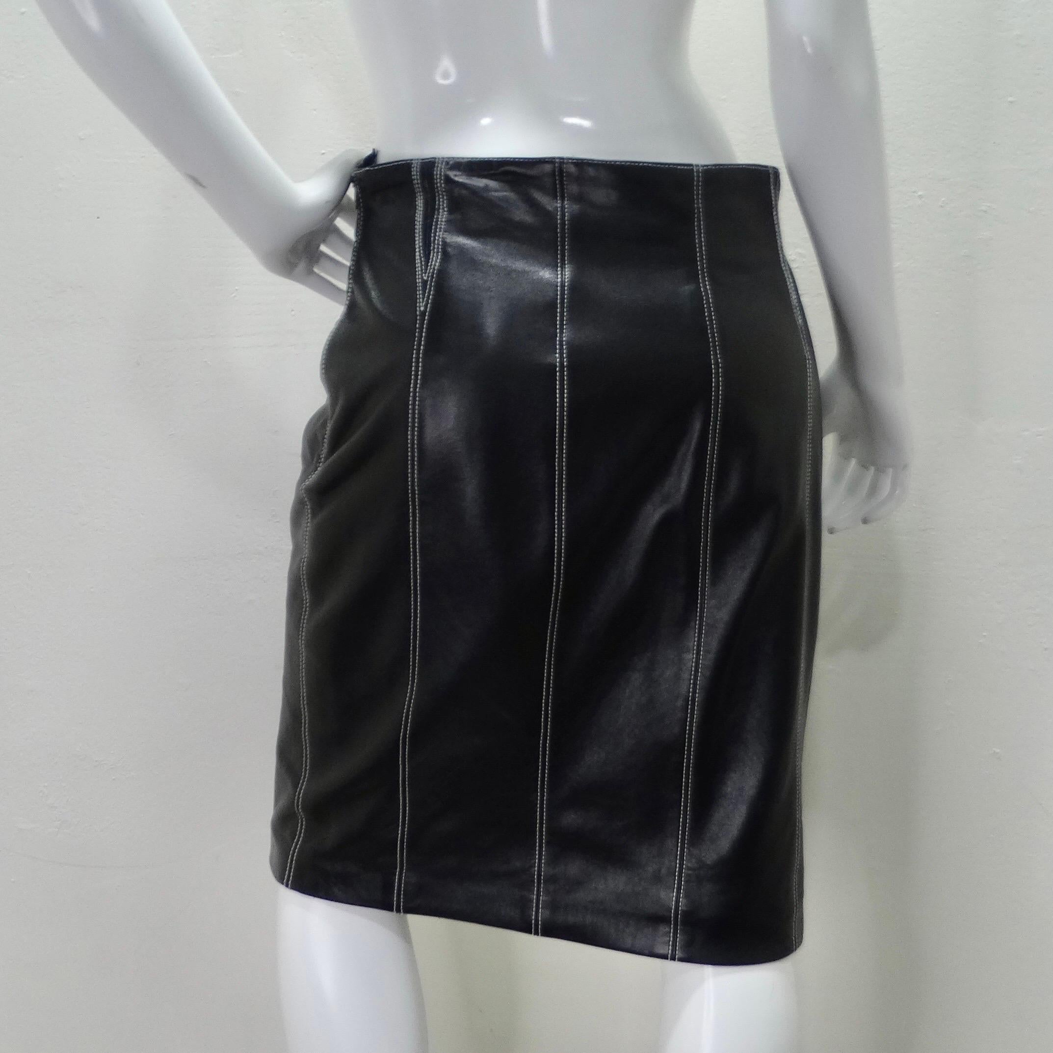 Women's Vintage Escada Black Leather Pencil Skirt For Sale
