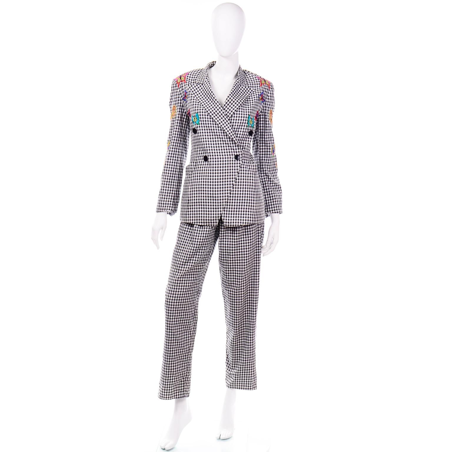 This is a Margaretha Ley for Escada 1980's black and white cotton gingham pant suit with a blazer style jacket and a pair of high waisted trousers. You can break this suit up to wear the pieces as separates with items you already own in your closet,