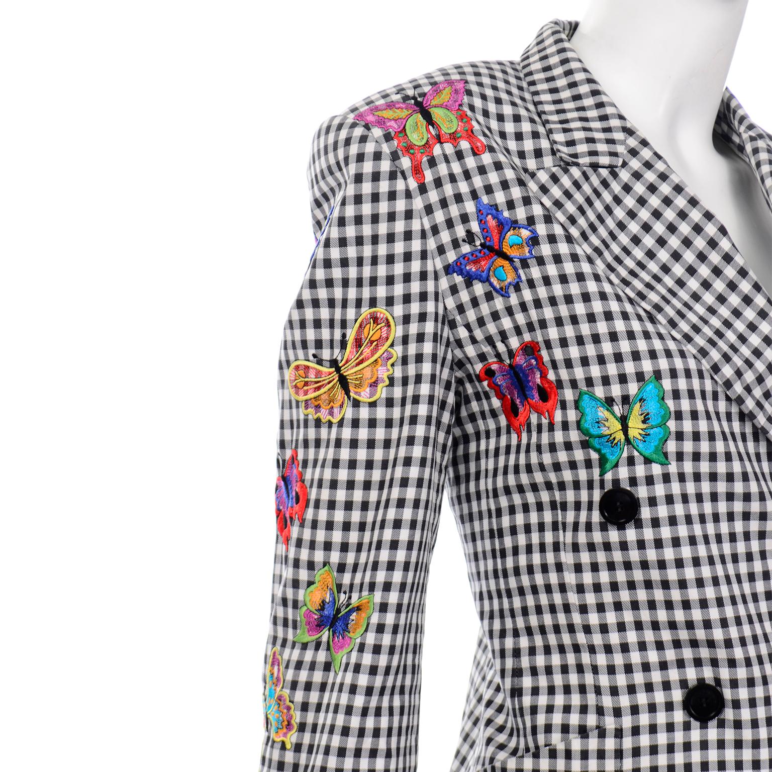 Gray Vintage Escada Black & White Gingham Check Butterfly Applique Jacket & Pant Suit For Sale
