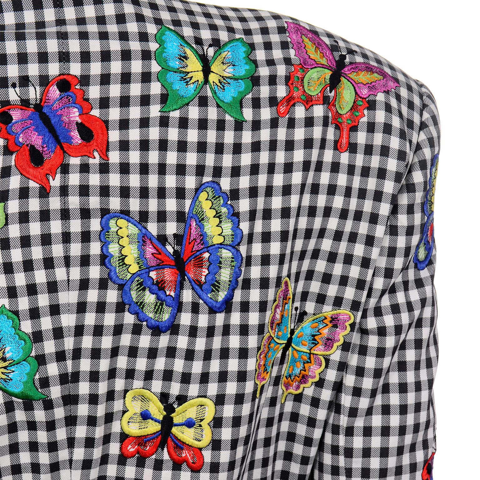 Vintage Escada Black & White Gingham Check Butterfly Applique Jacket & Pant Suit For Sale 1