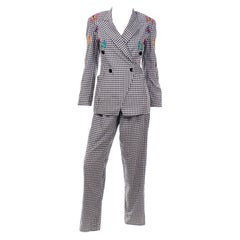 Vintage Escada Black & White Gingham Check Butterfly Applique Jacket & Pant Suit