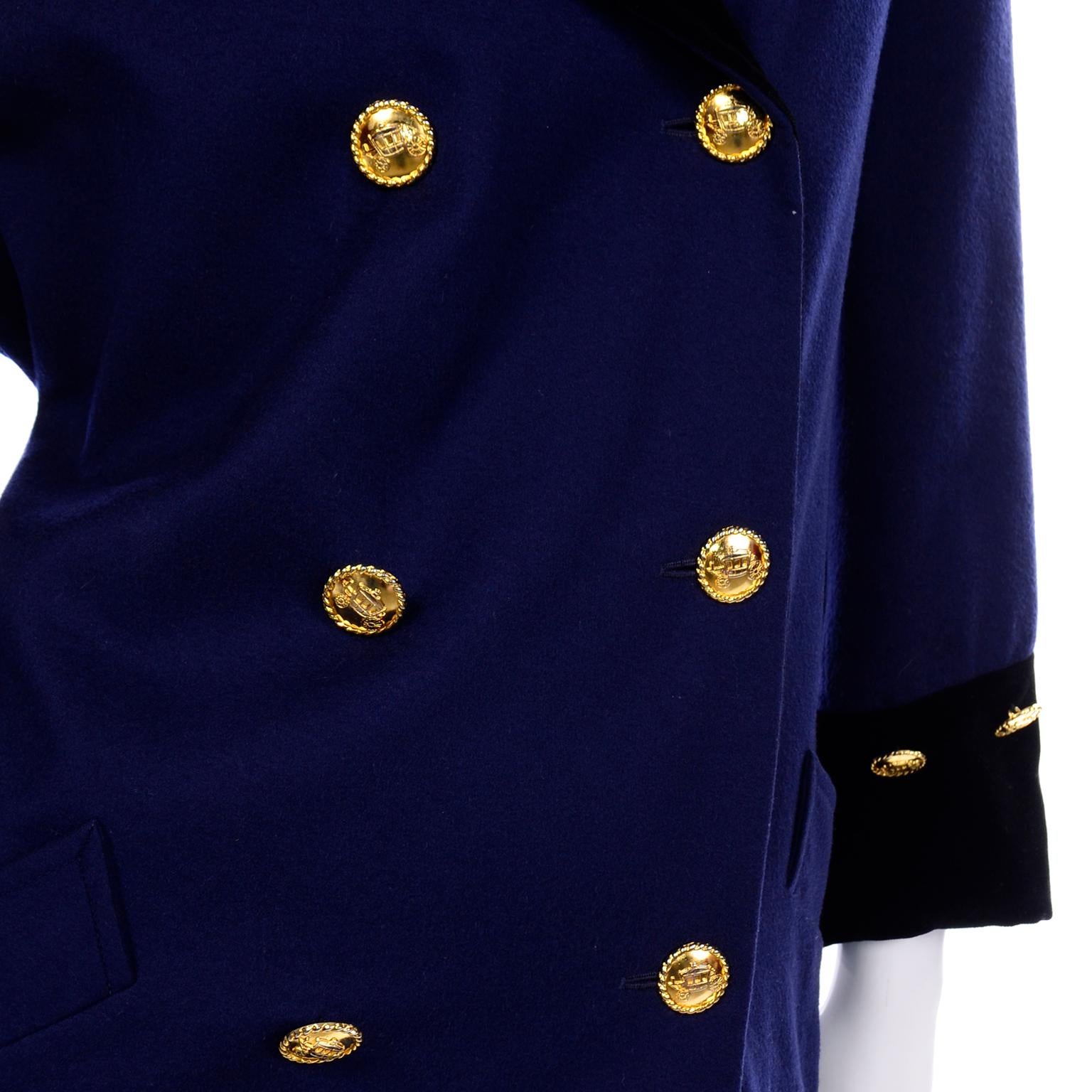 Vintage Escada Blue & Black Long Cashmere Wool Blazer Jacket by Margaretha Ley 3