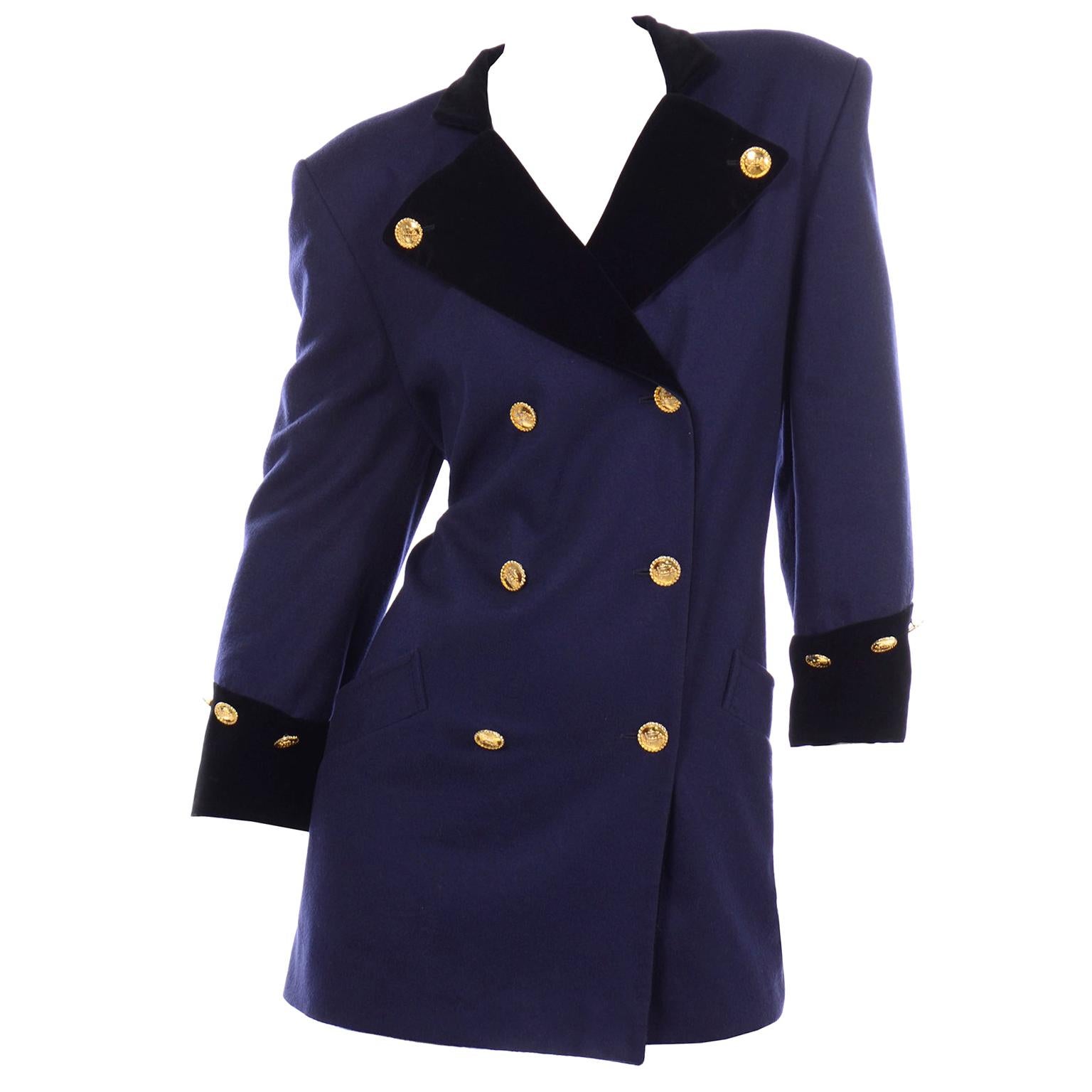 Vintage Escada Blue & Black Long Cashmere Wool Blazer Jacket by Margaretha Ley