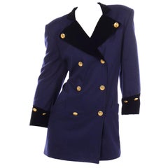 Retro Escada Blue & Black Long Cashmere Wool Blazer Jacket by Margaretha Ley