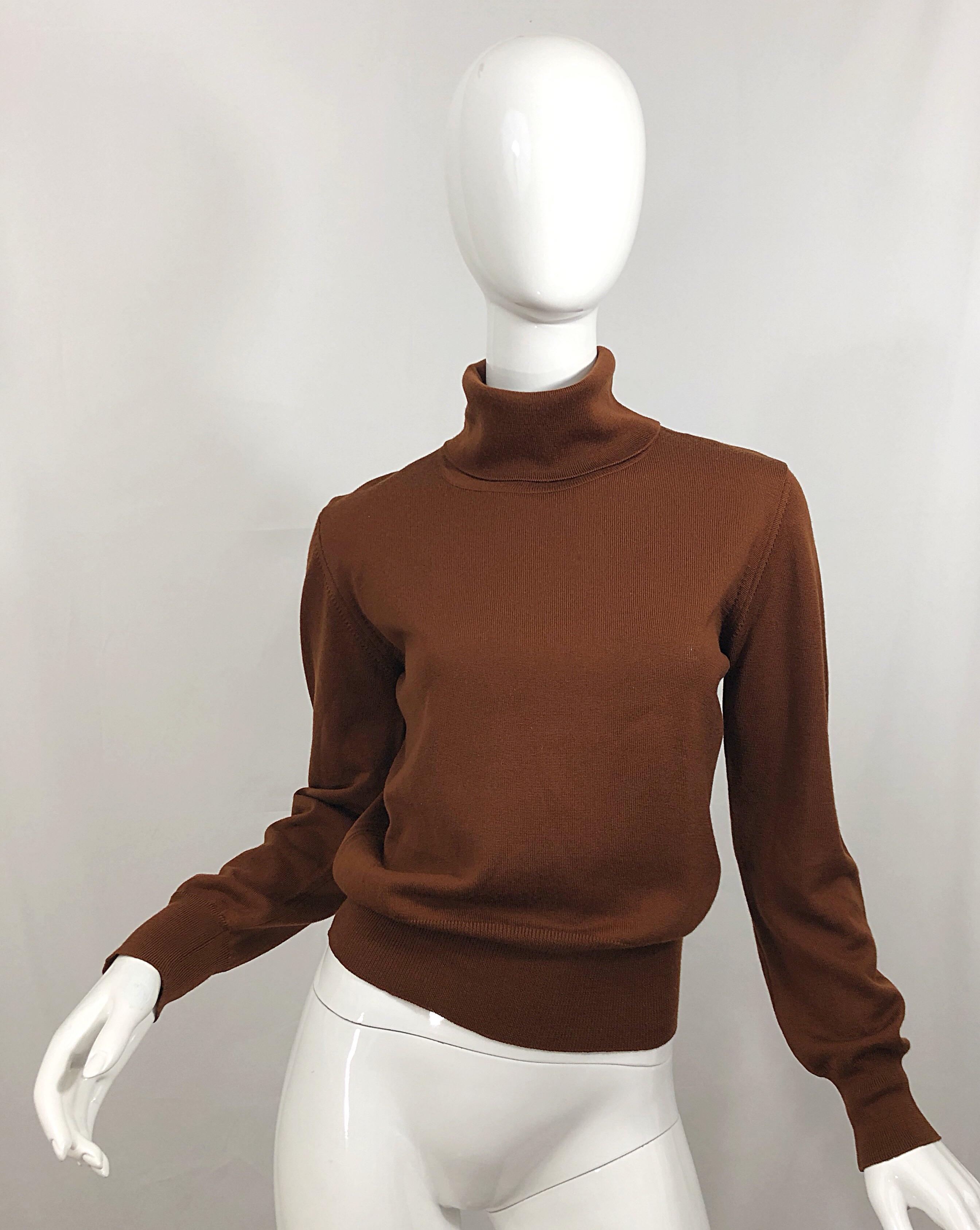 The perfect fall and winter sweater! 1990s ESCADA by MARGARETHA LEY rich caramel brown wool turtleneck sweater! Smart tailored fit is stylish while keeping you warm. Super soft virgin wool. Can easily be dressed up or down. Great with jeans,