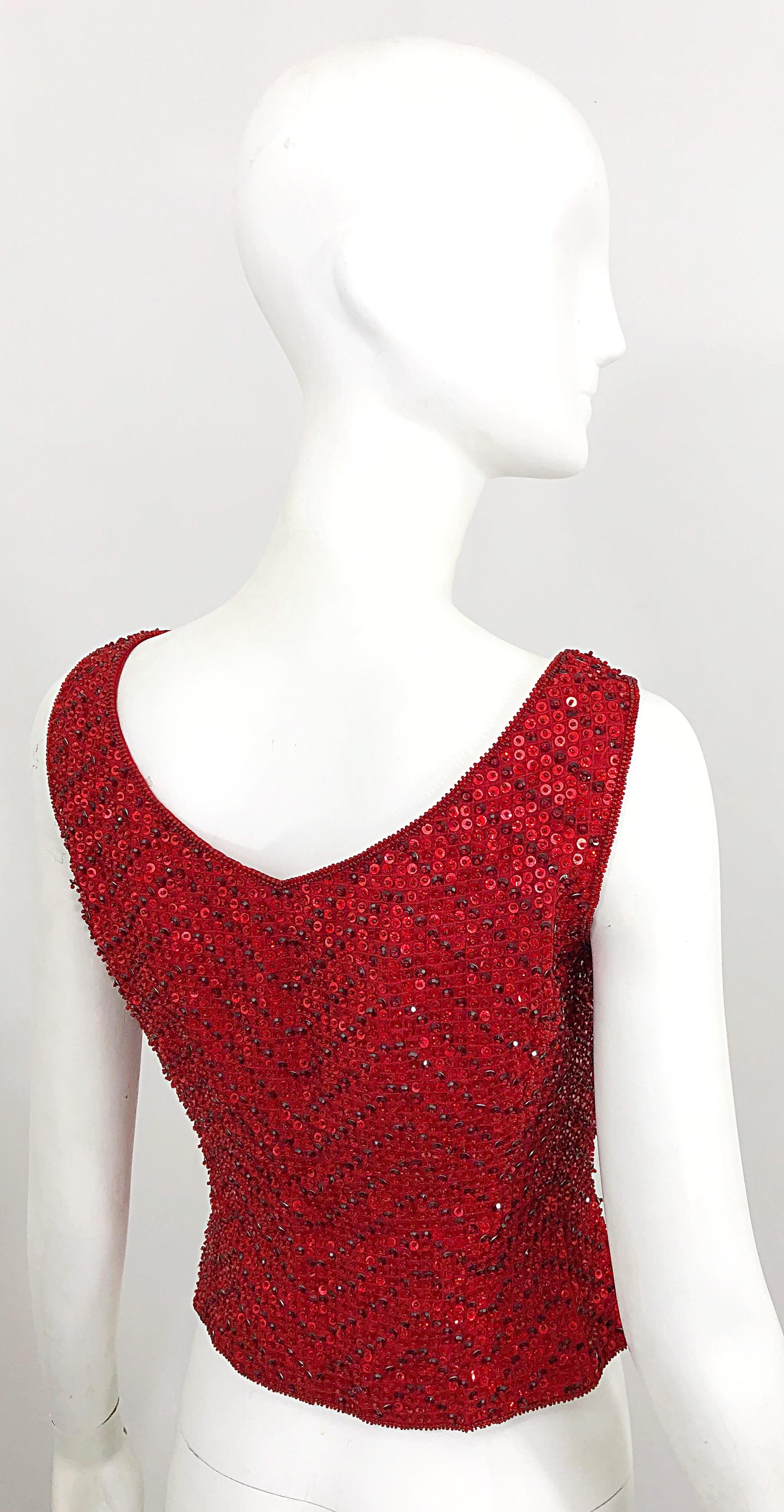 Vintage Escada Couture 1990s Red Sequin Beaded Lipstick Red 90s Sleeveless Top 4