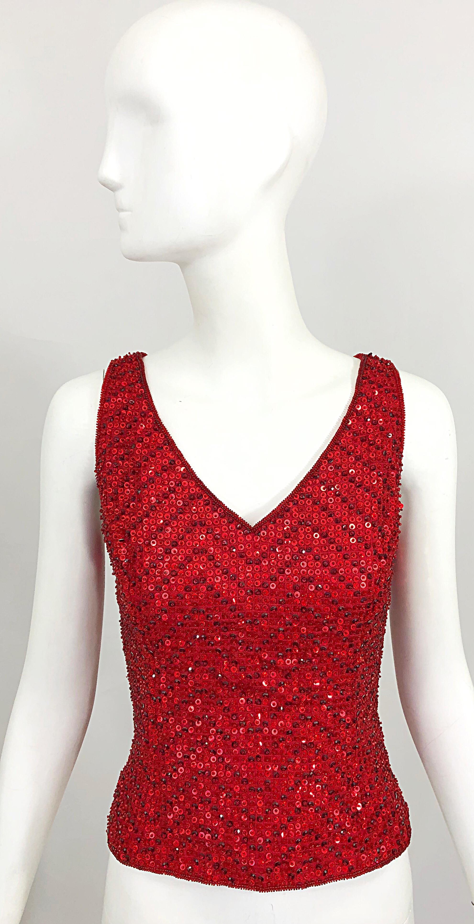 Vintage Escada Couture 1990s Red Sequin Beaded Lipstick Red 90s Sleeveless Top 5