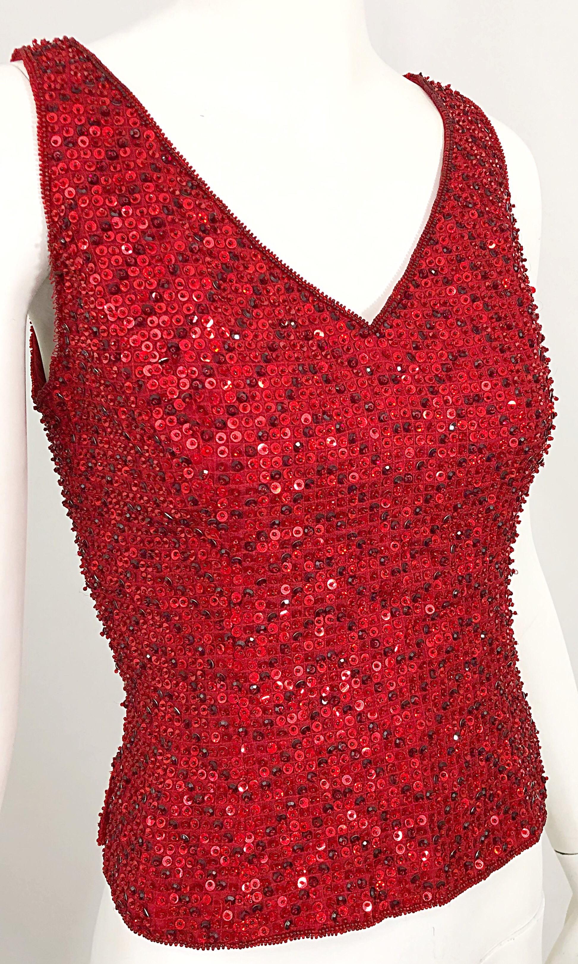 Vintage Escada Couture 1990s Red Sequin Beaded Lipstick Red 90s Sleeveless Top In Excellent Condition In San Diego, CA