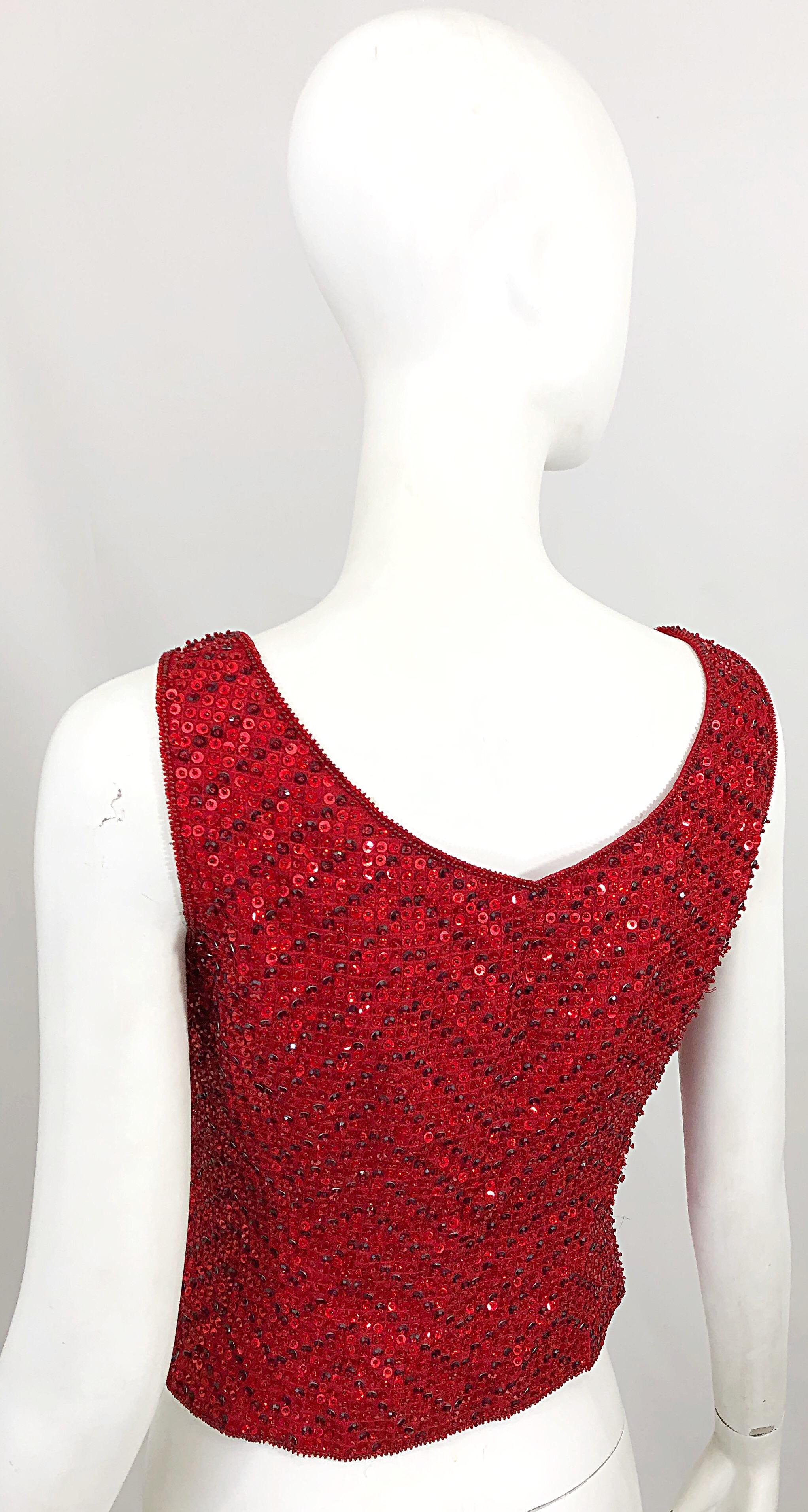 Women's Vintage Escada Couture 1990s Red Sequin Beaded Lipstick Red 90s Sleeveless Top