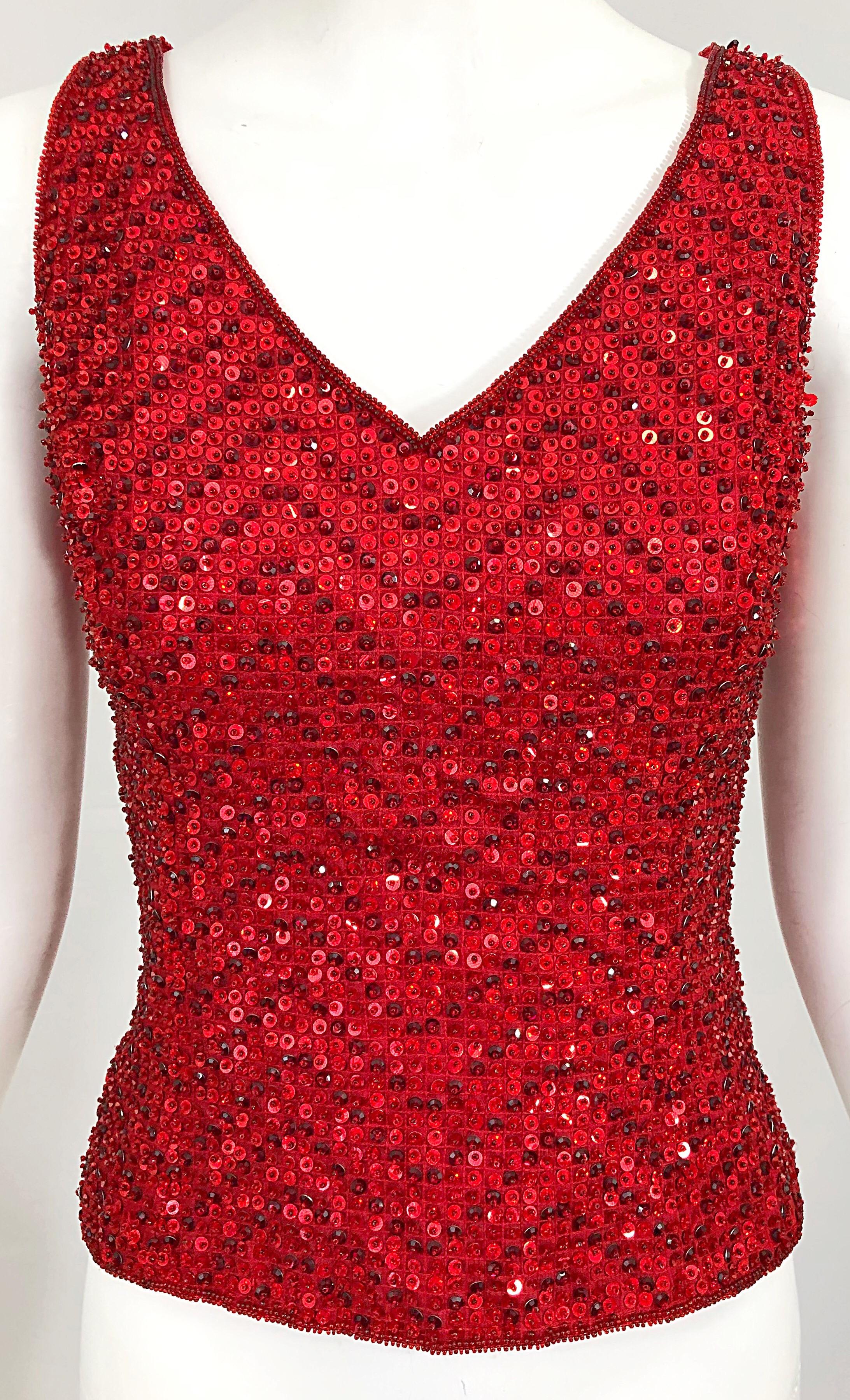 Vintage Escada Couture 1990s Red Sequin Beaded Lipstick Red 90s Sleeveless Top 1
