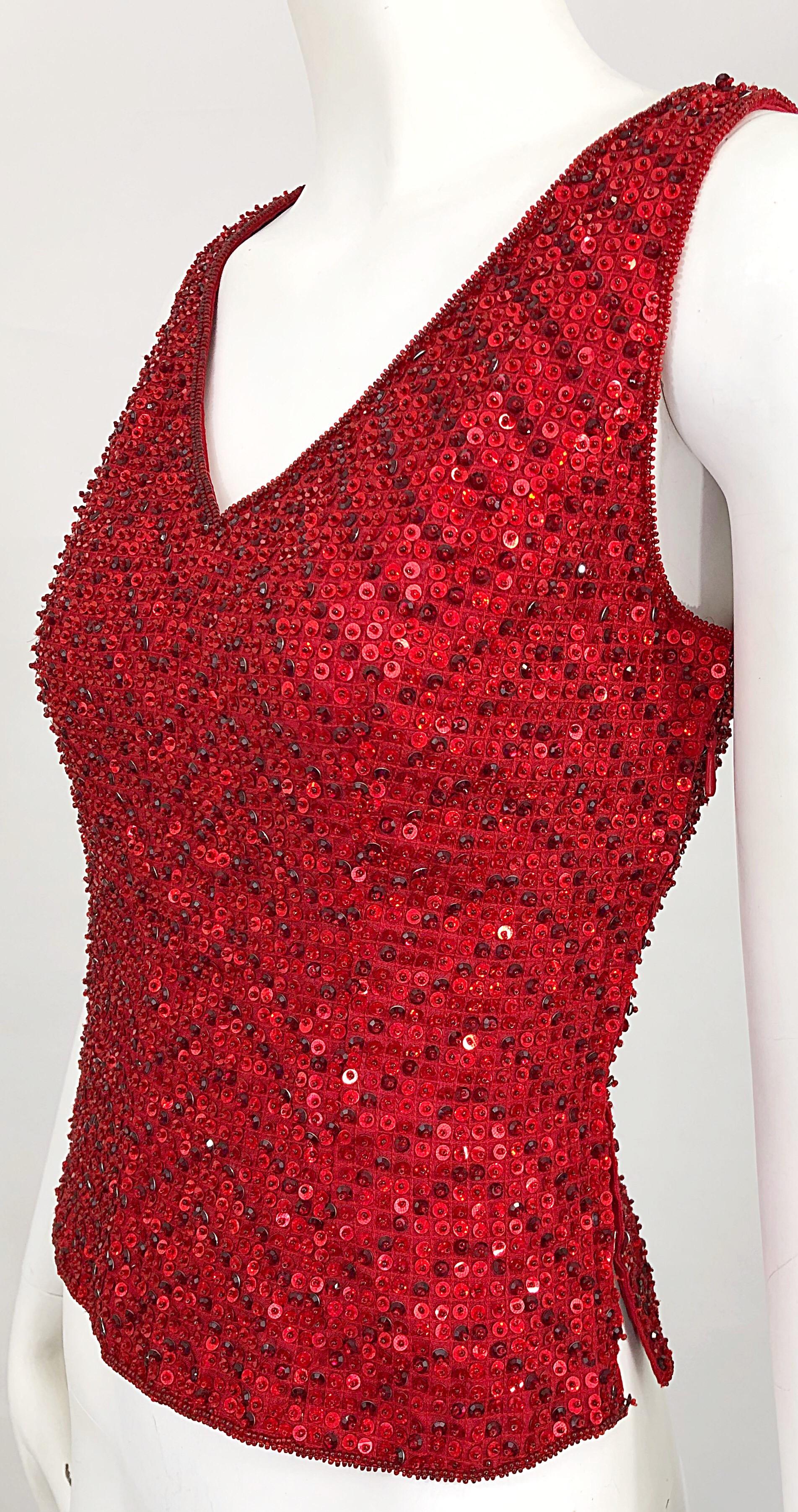 Vintage Escada Couture 1990s Red Sequin Beaded Lipstick Red 90s Sleeveless Top 2