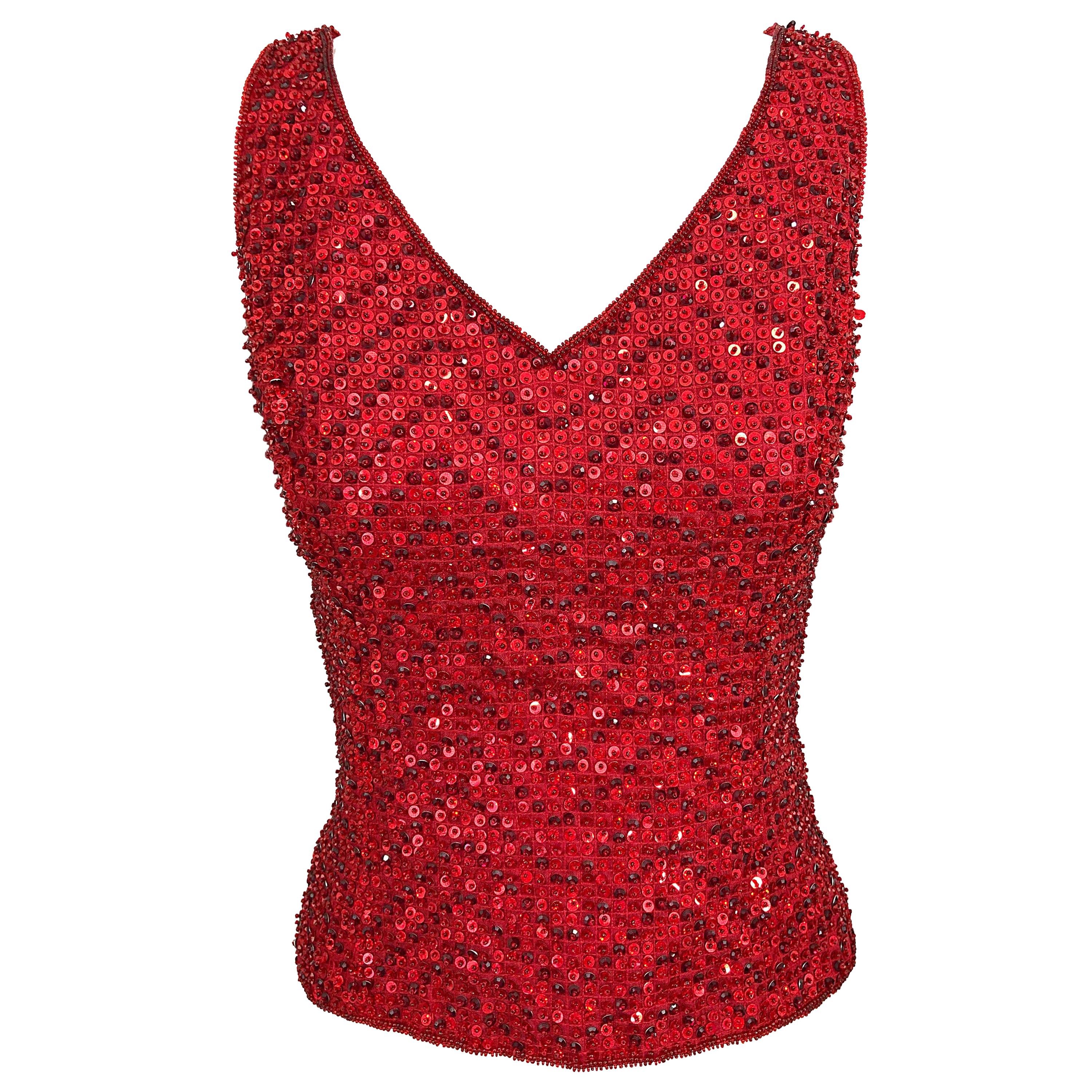 Vintage Escada Couture 1990s Red Sequin Beaded Lipstick Red 90s Sleeveless Top
