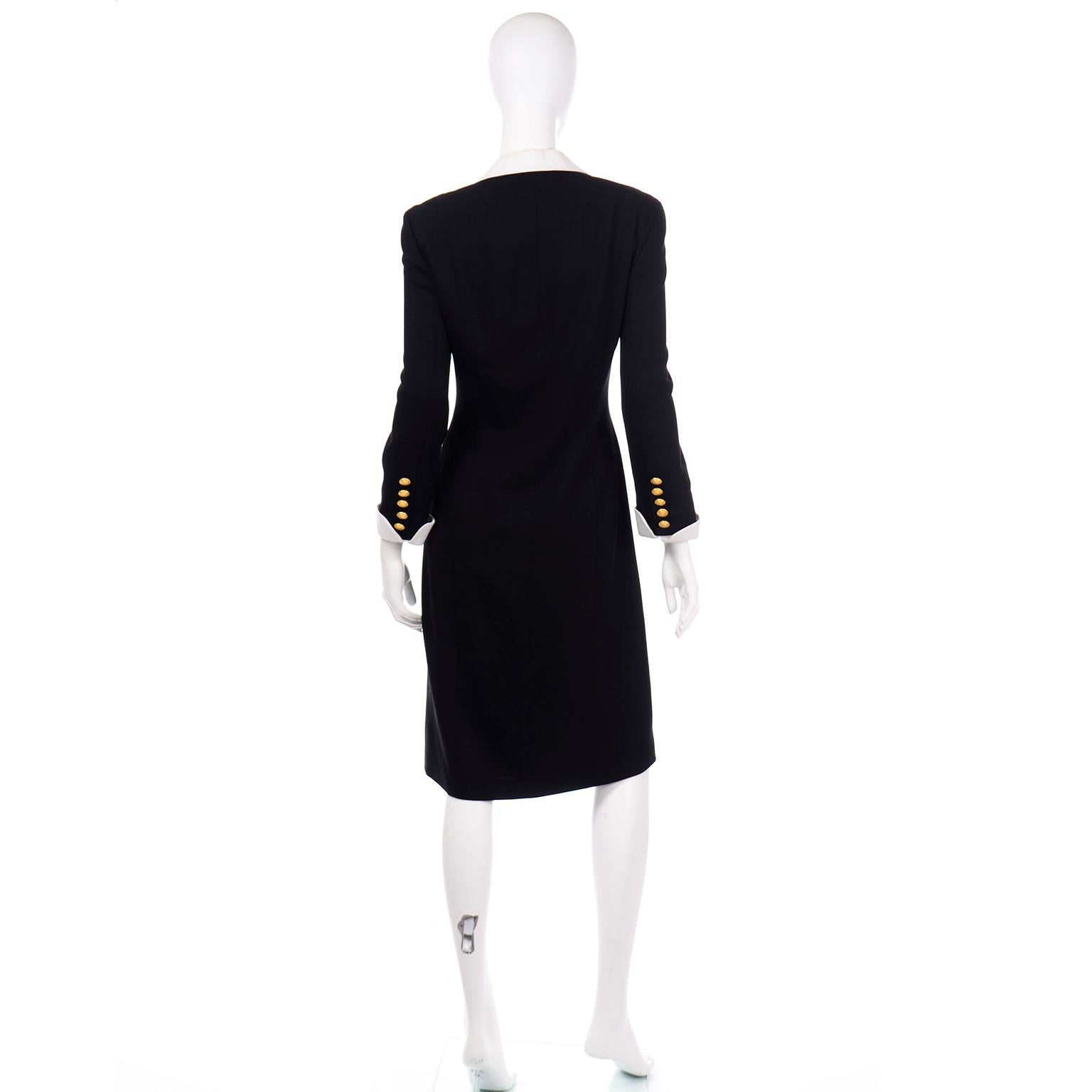 Black Vintage Escada Day Dress W Gold Monogram Buttons & Removable Collar & Cuffs