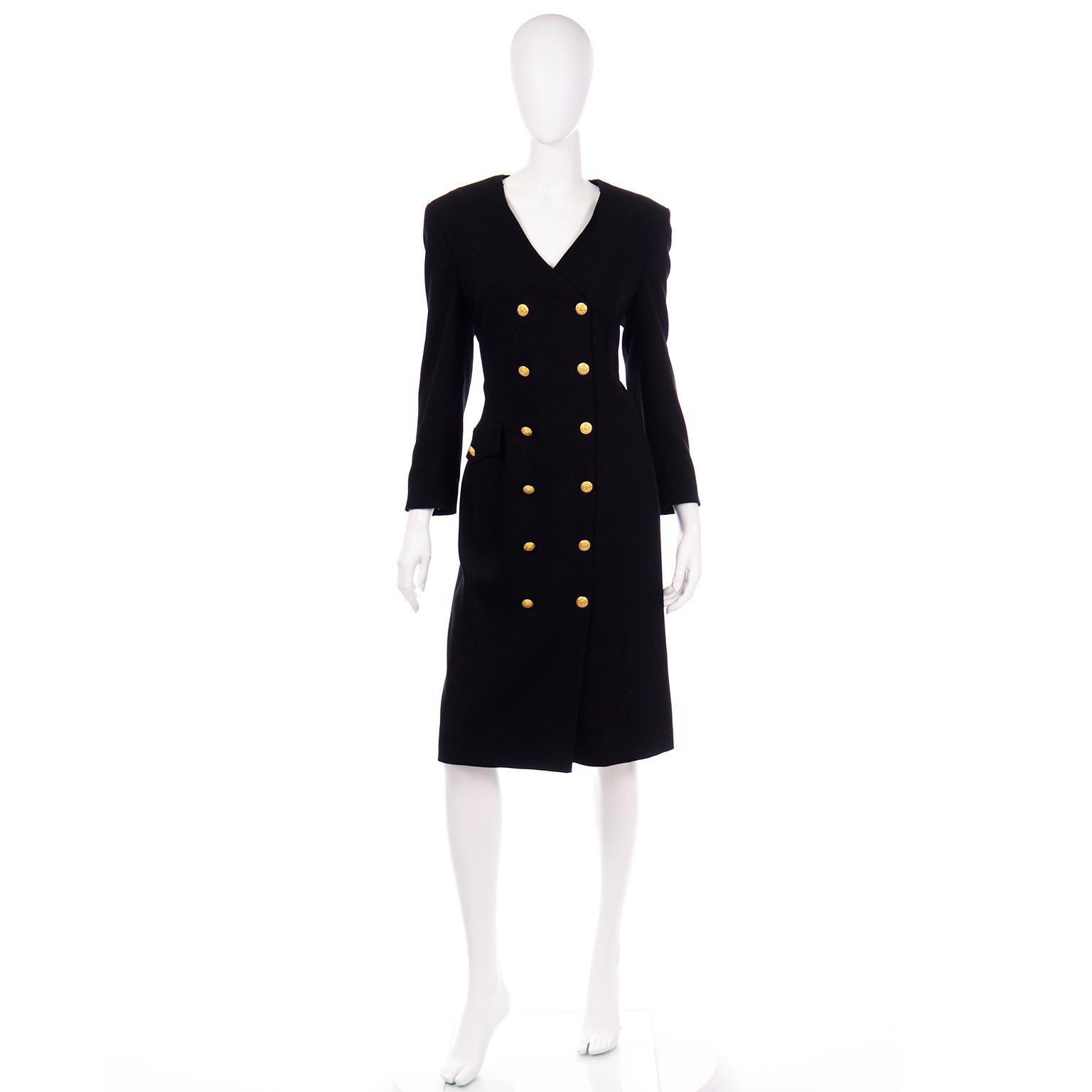 Women's Vintage Escada Day Dress W Gold Monogram Buttons & Removable Collar & Cuffs